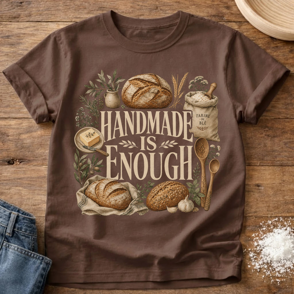 Knead More Fun Handmade is Enough sourdough t-shirt in Espresso