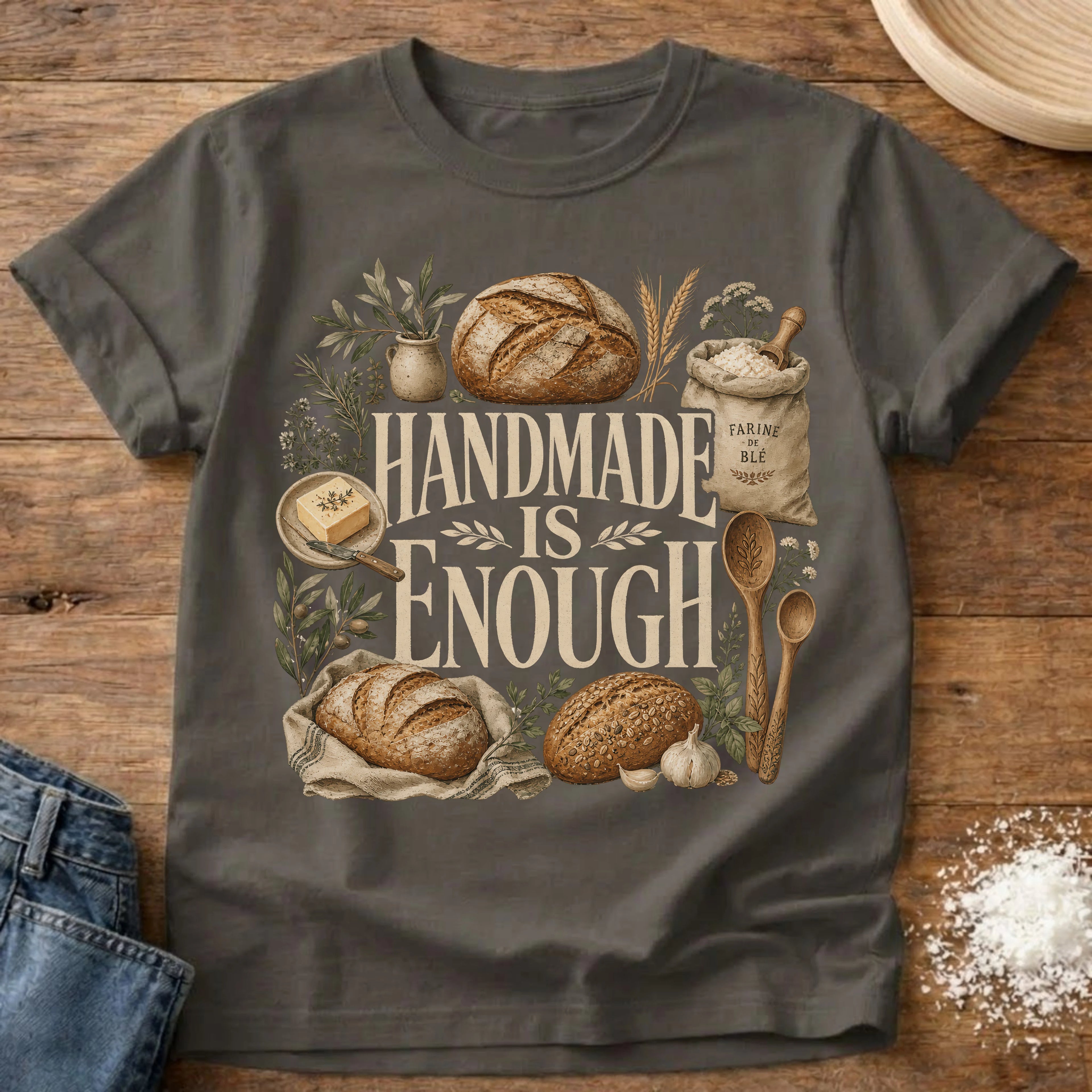 Knead More Fun Handmade is Enough sourdough t-shirt in Pepper