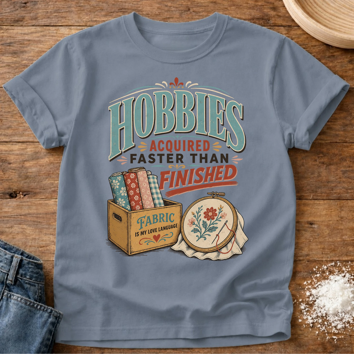 Knead More Fun Hobbies Acquired homebody t-shirt in Blue Jean