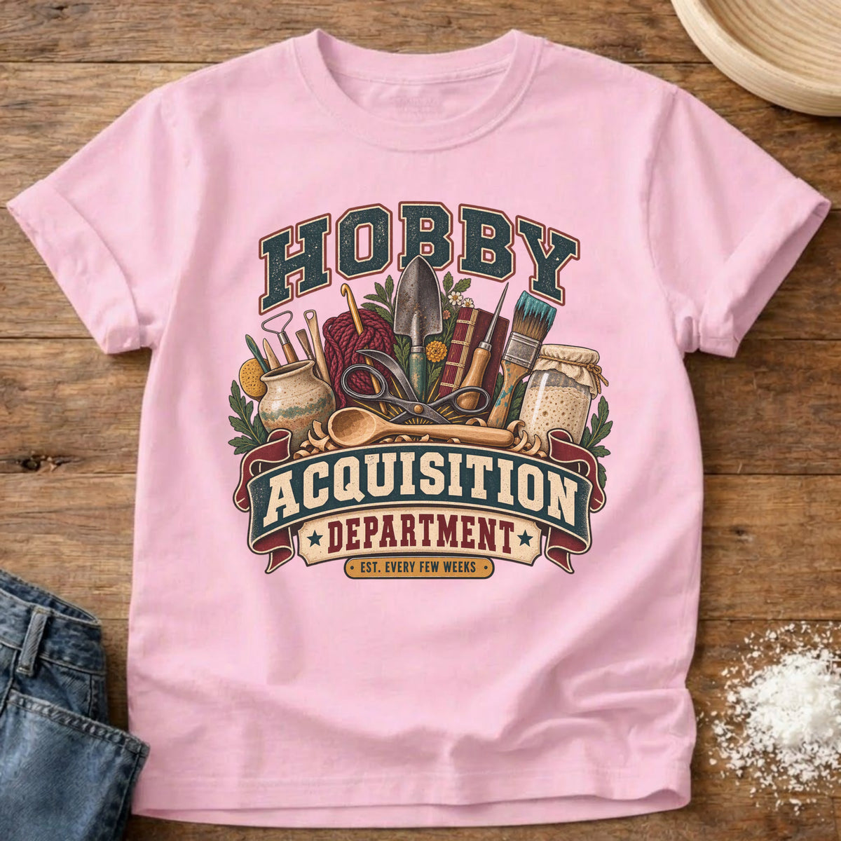 Knead More Fun Hobby Acquisition Dept graphic t-shirt in Blossom