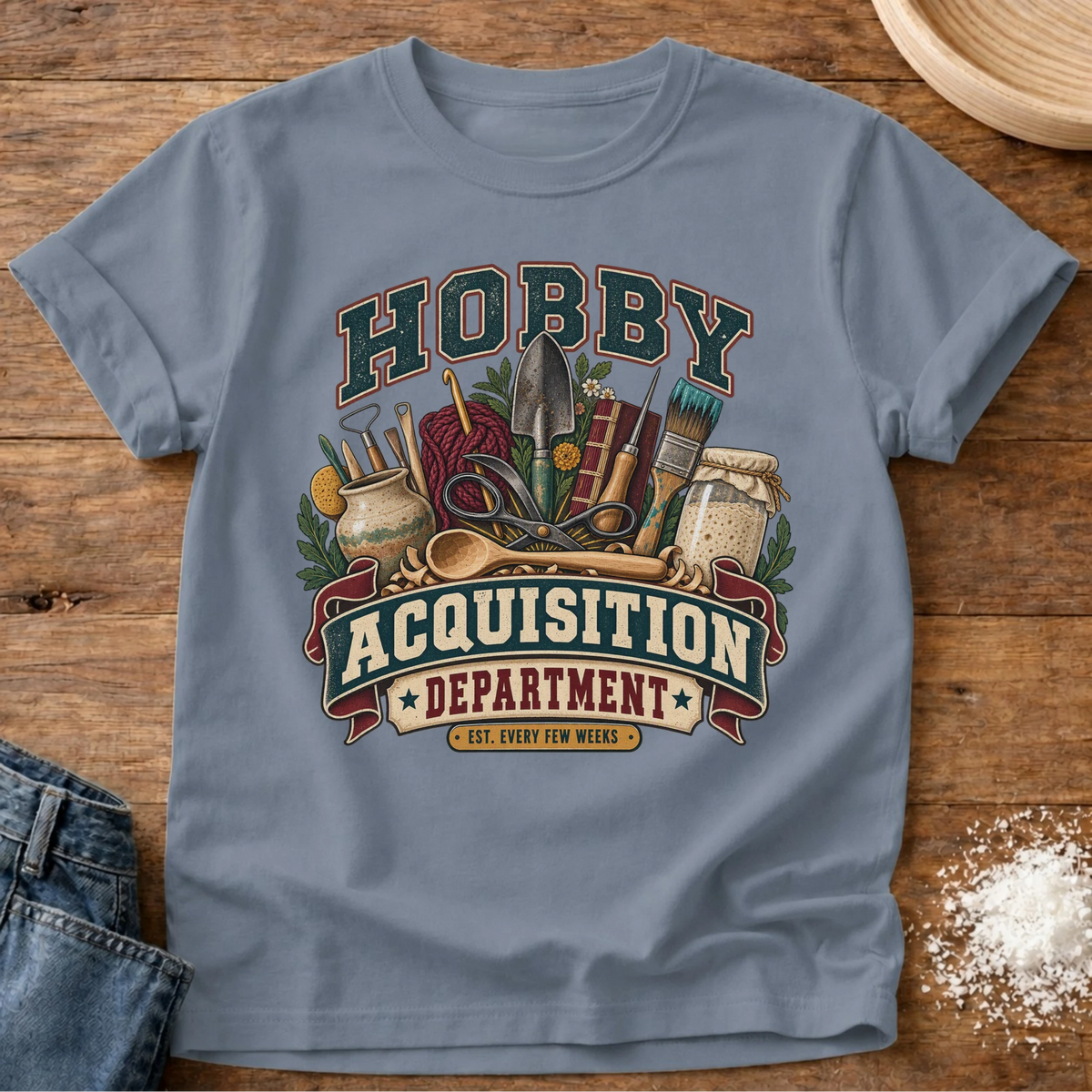 Knead More Fun Hobby Acquisition Dept graphic t-shirt in Blue Jean