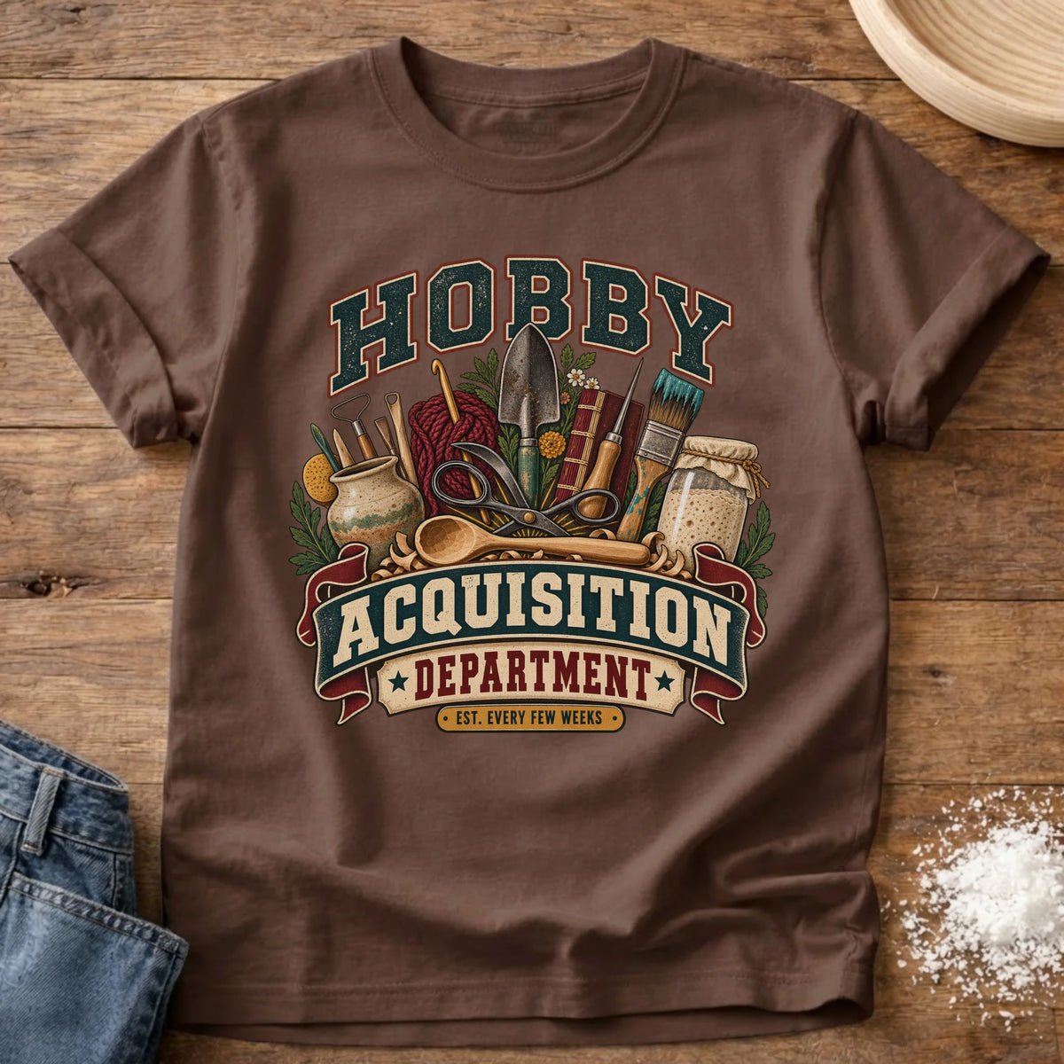 Knead More Fun Hobby Acquisition Dept graphic t-shirt in Espresso
