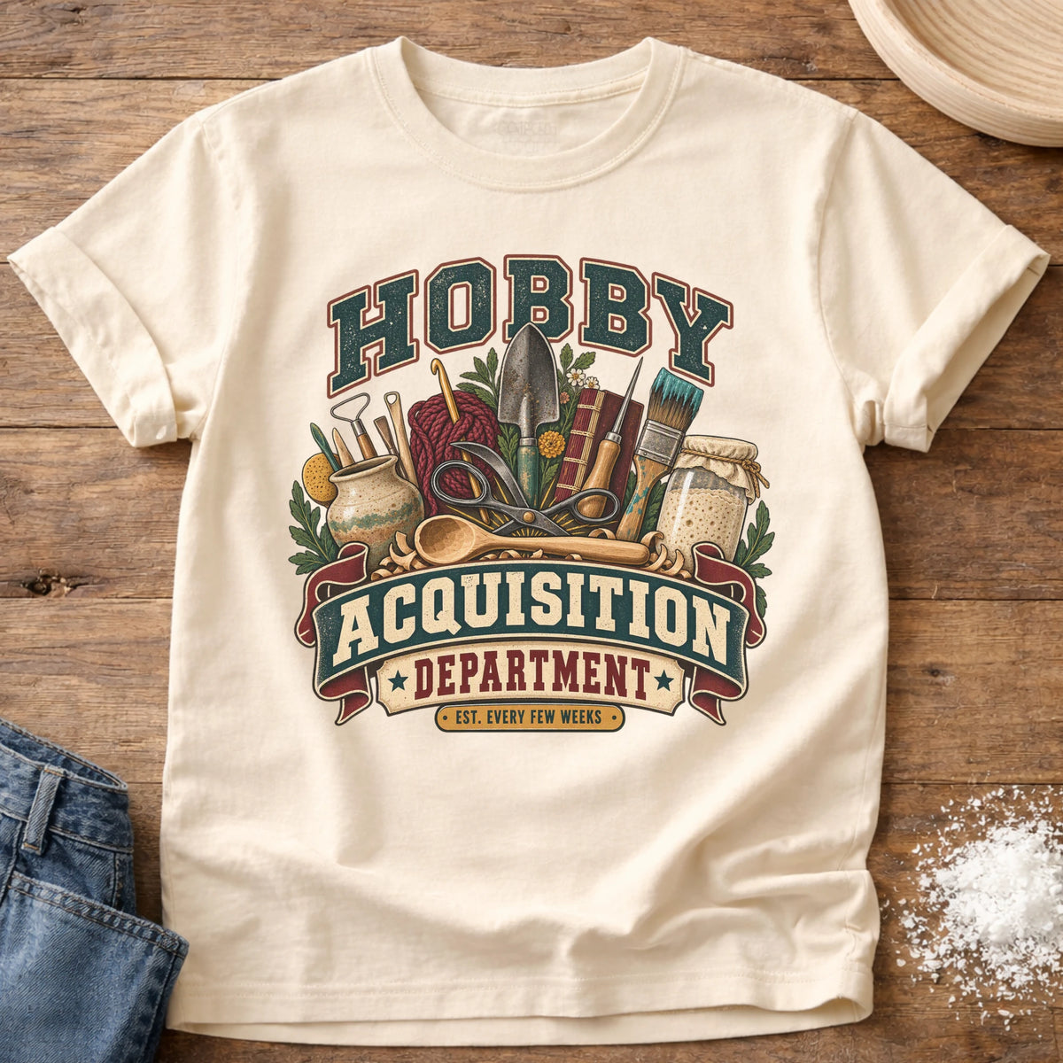 Knead More Fun Hobby Acquisition Dept graphic t-shirt in Ivory