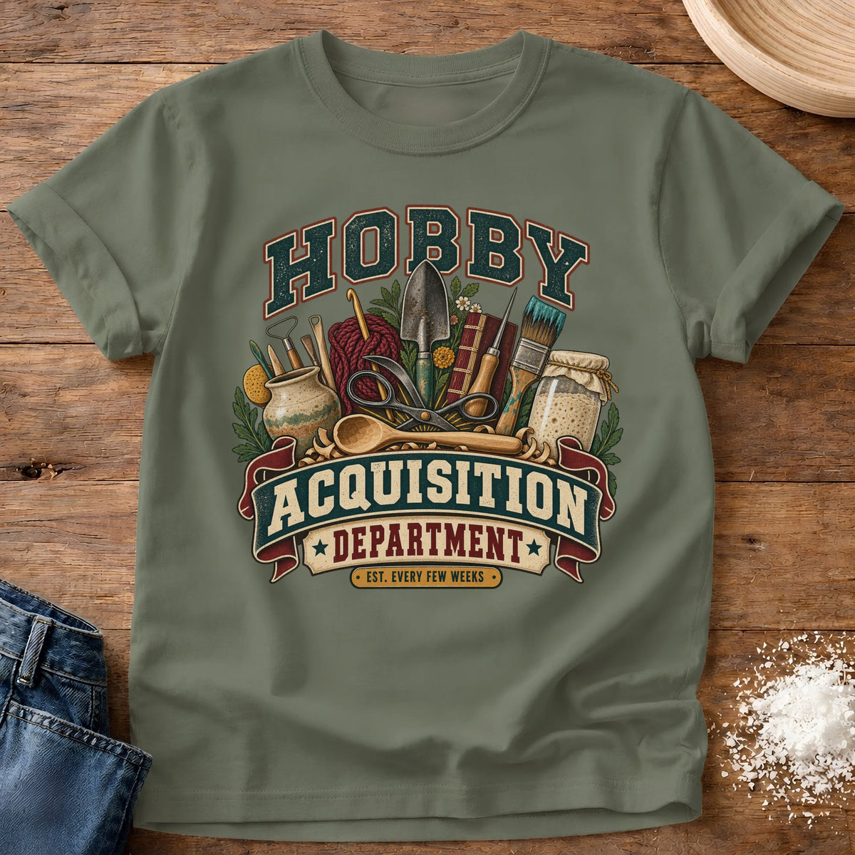 Knead More Fun Hobby Acquisition Dept graphic t-shirt in Moss