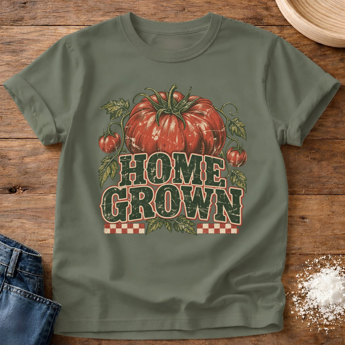 Knead More Fun Home Grown Tomatoes graphic t-shirt in Moss