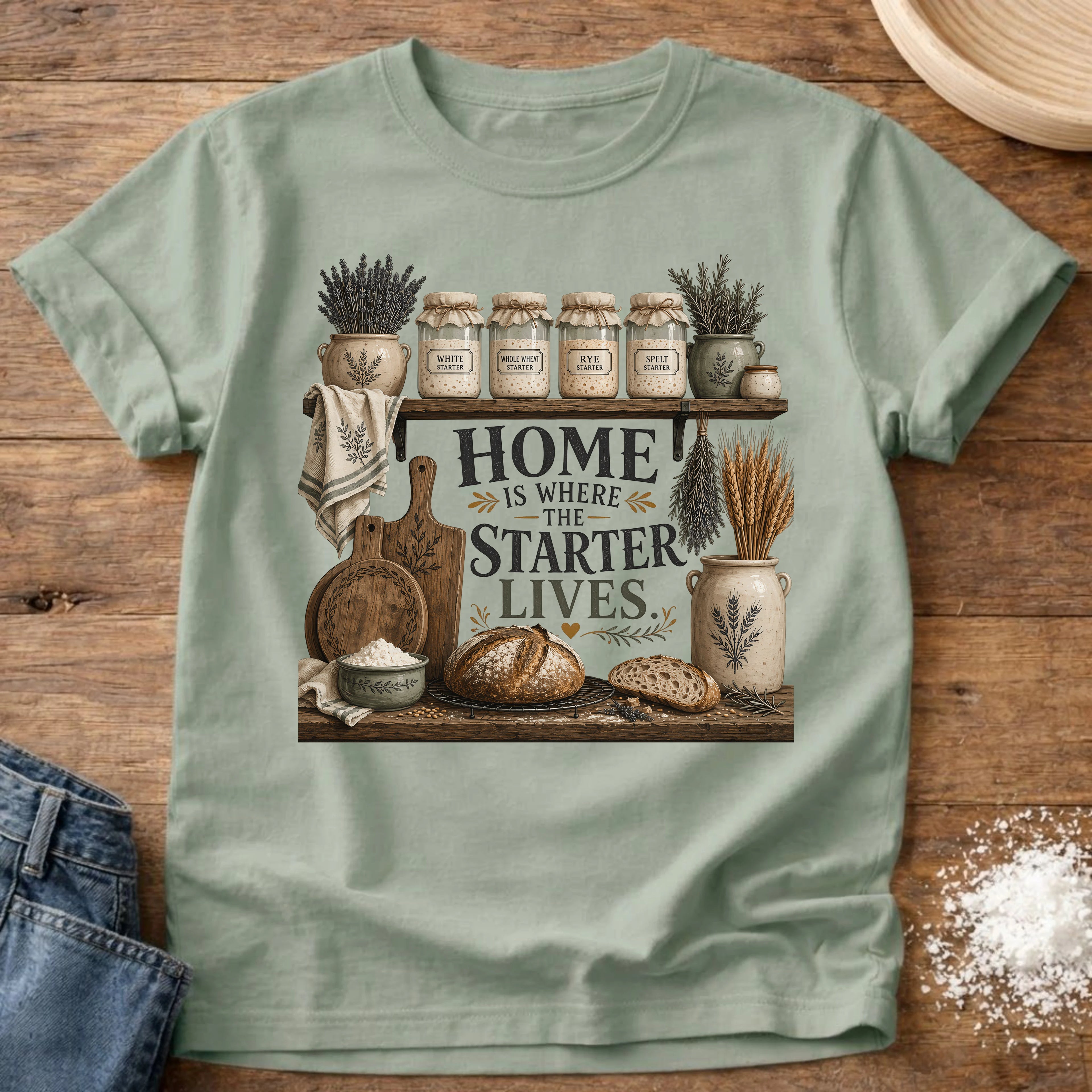 Knead More Fun Home is Where the Starter Lives sourdough t-shirt in Bay