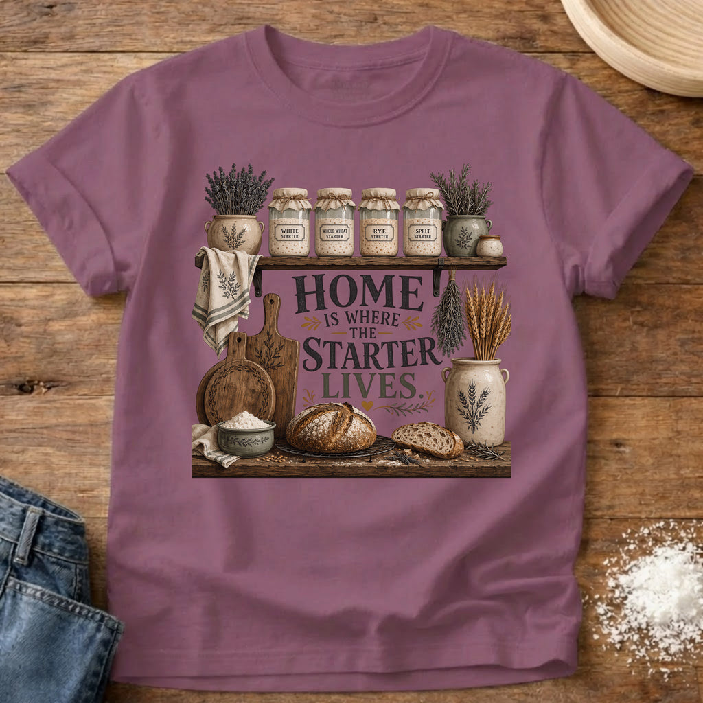 Knead More Fun Home is Where the Starter Lives sourdough t-shirt in Berry