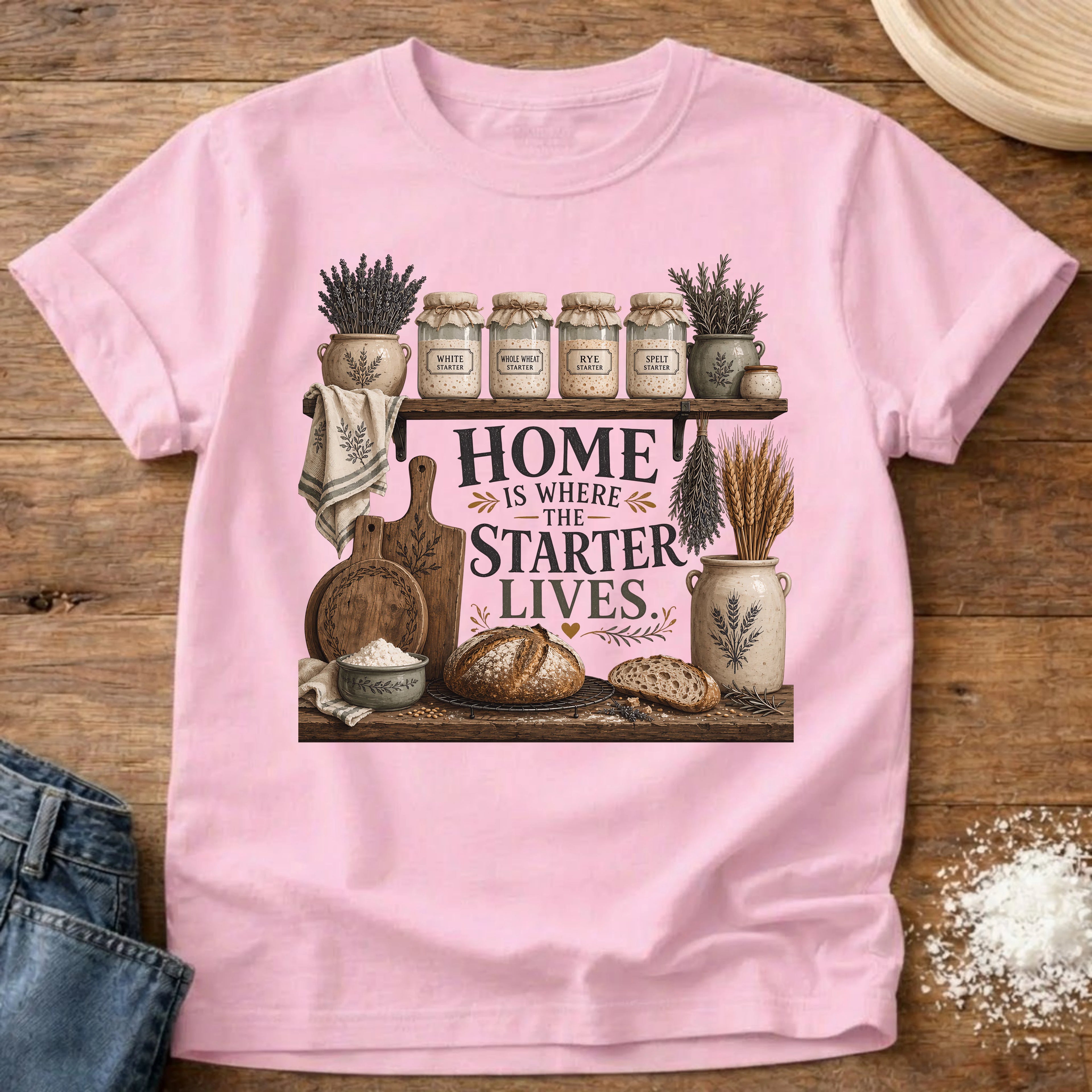 Knead More Fun Home is Where the Starter Lives sourdough t-shirt in Blossom