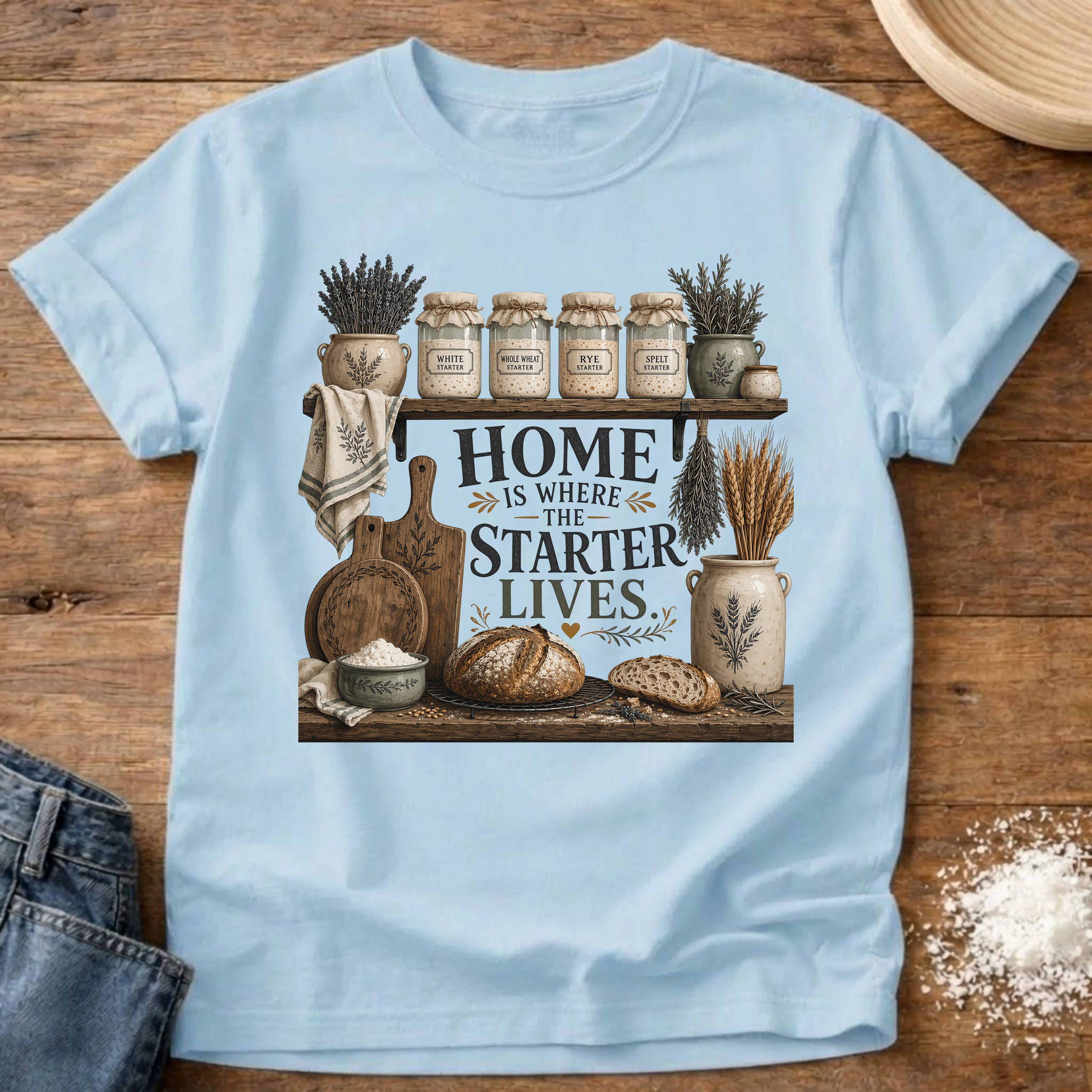 Knead More Fun Home is Where the Starter Lives sourdough t-shirt in Chambray