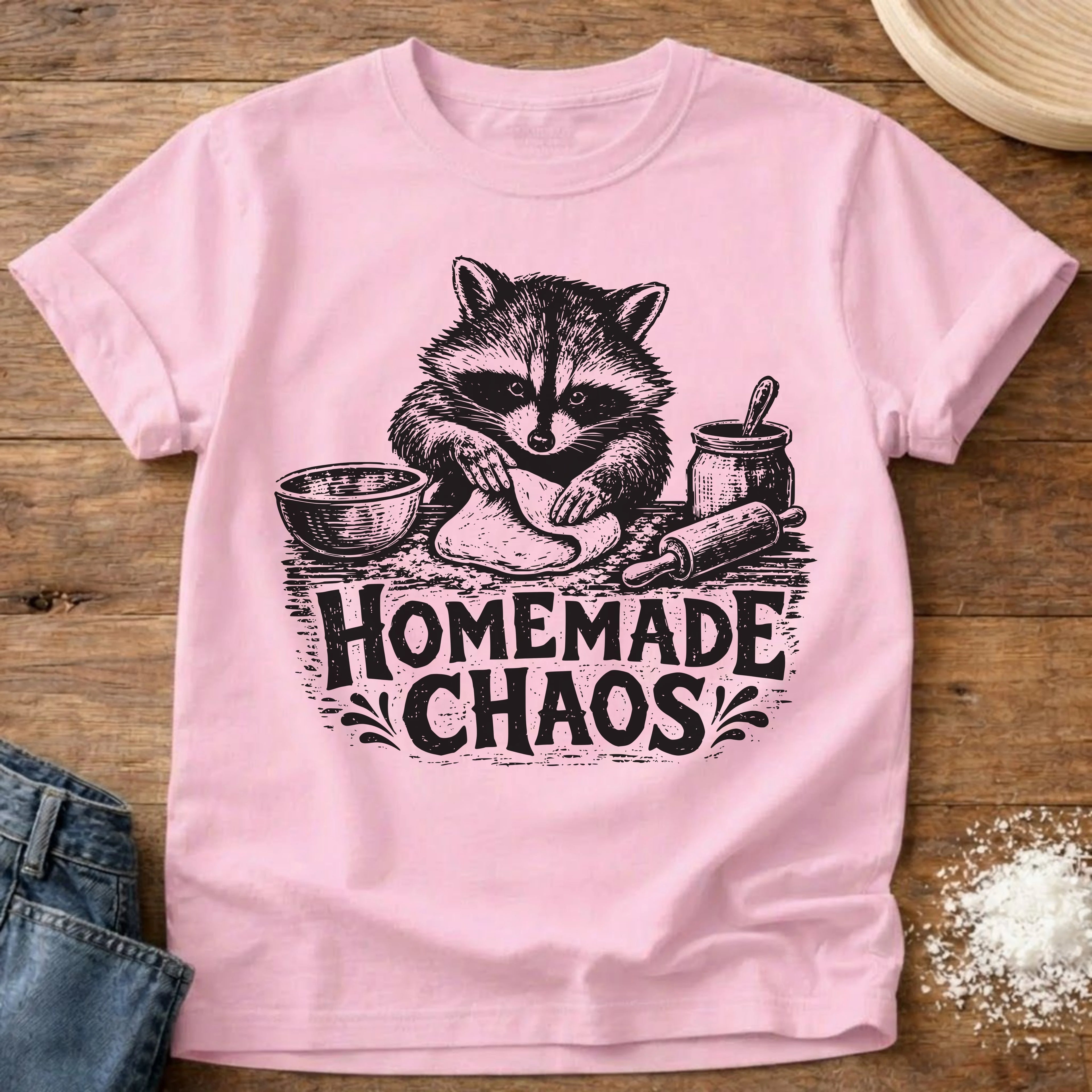 Knead More Fun Homemade Chaos Raccoon sourdough t-shirt in Blossom