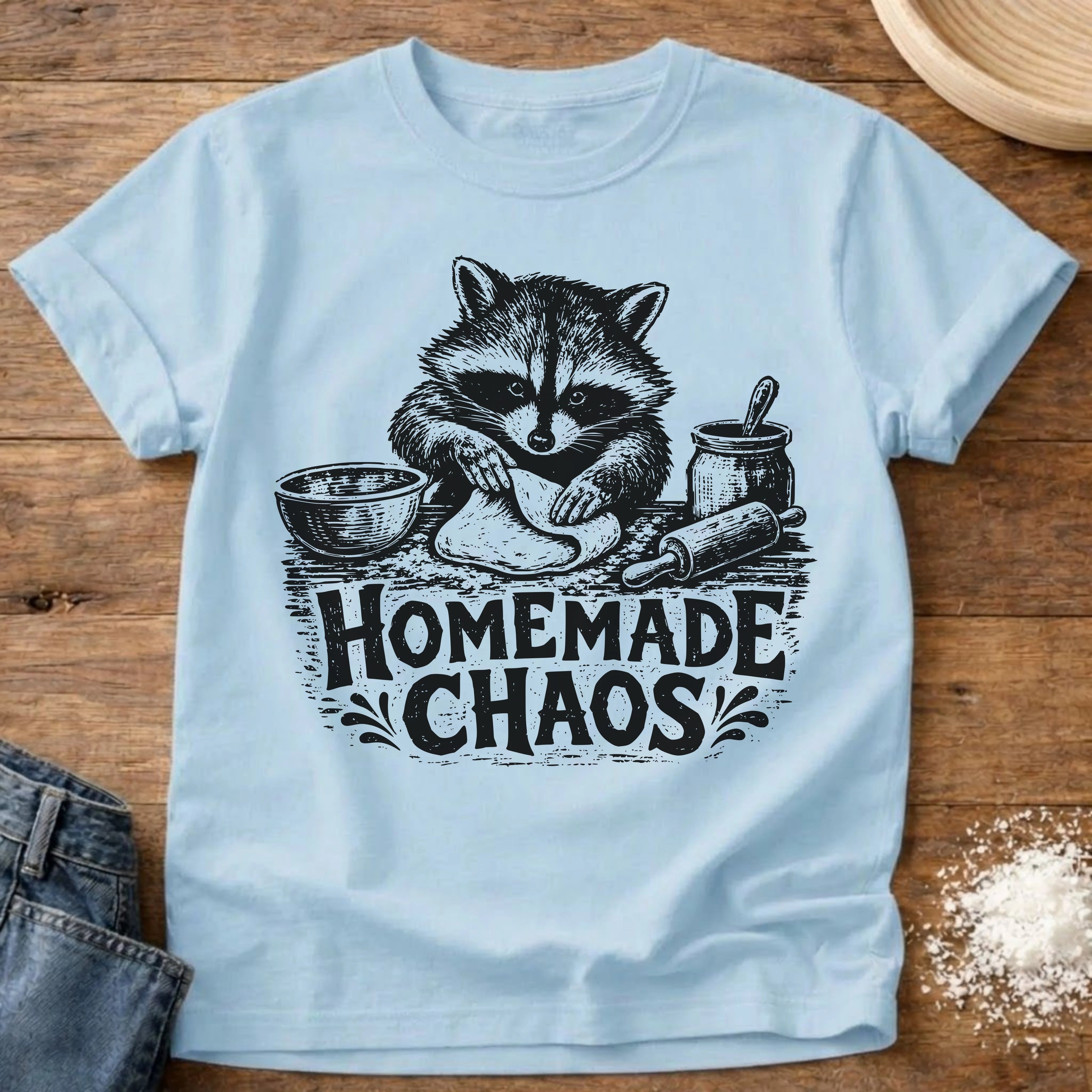 Knead More Fun Homemade Chaos Raccoon sourdough t-shirt in Chambray