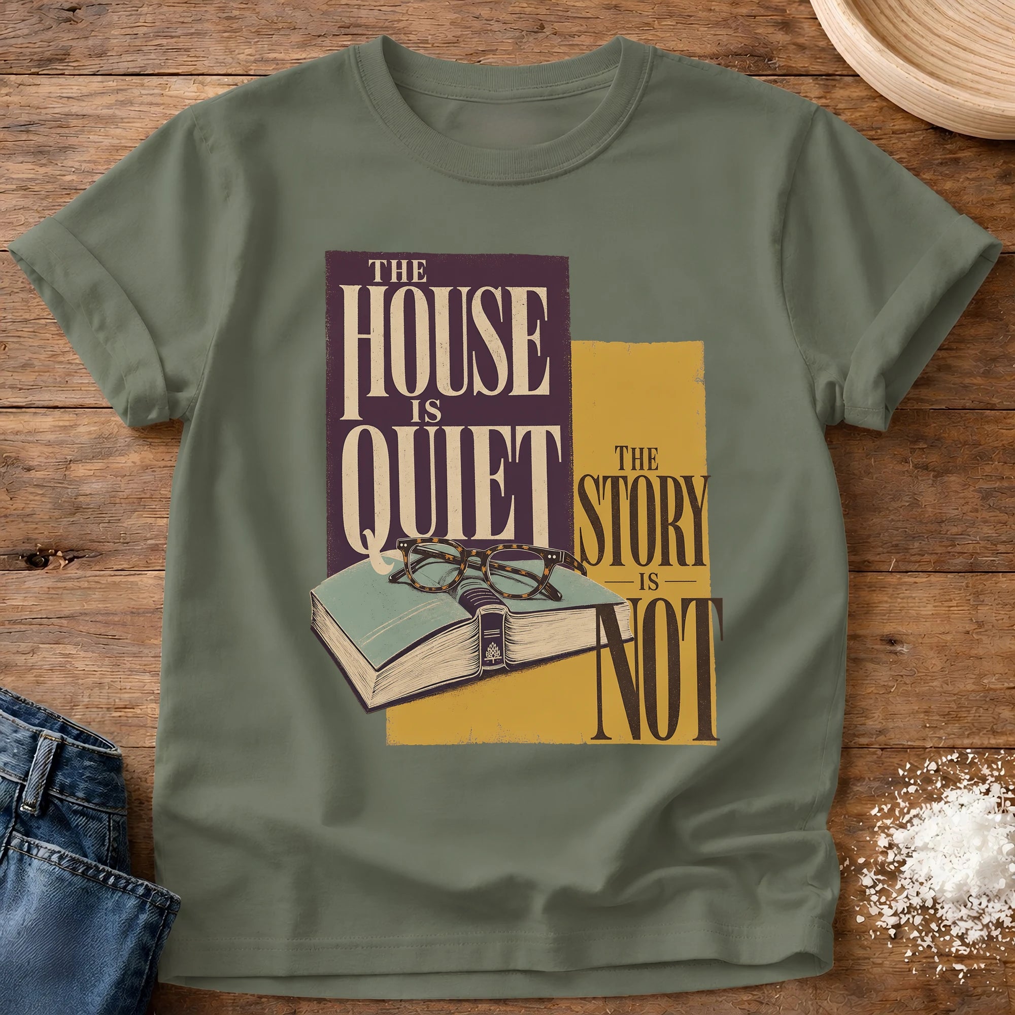 Knead More Fun house is quiet bookish t-shirt in Moss