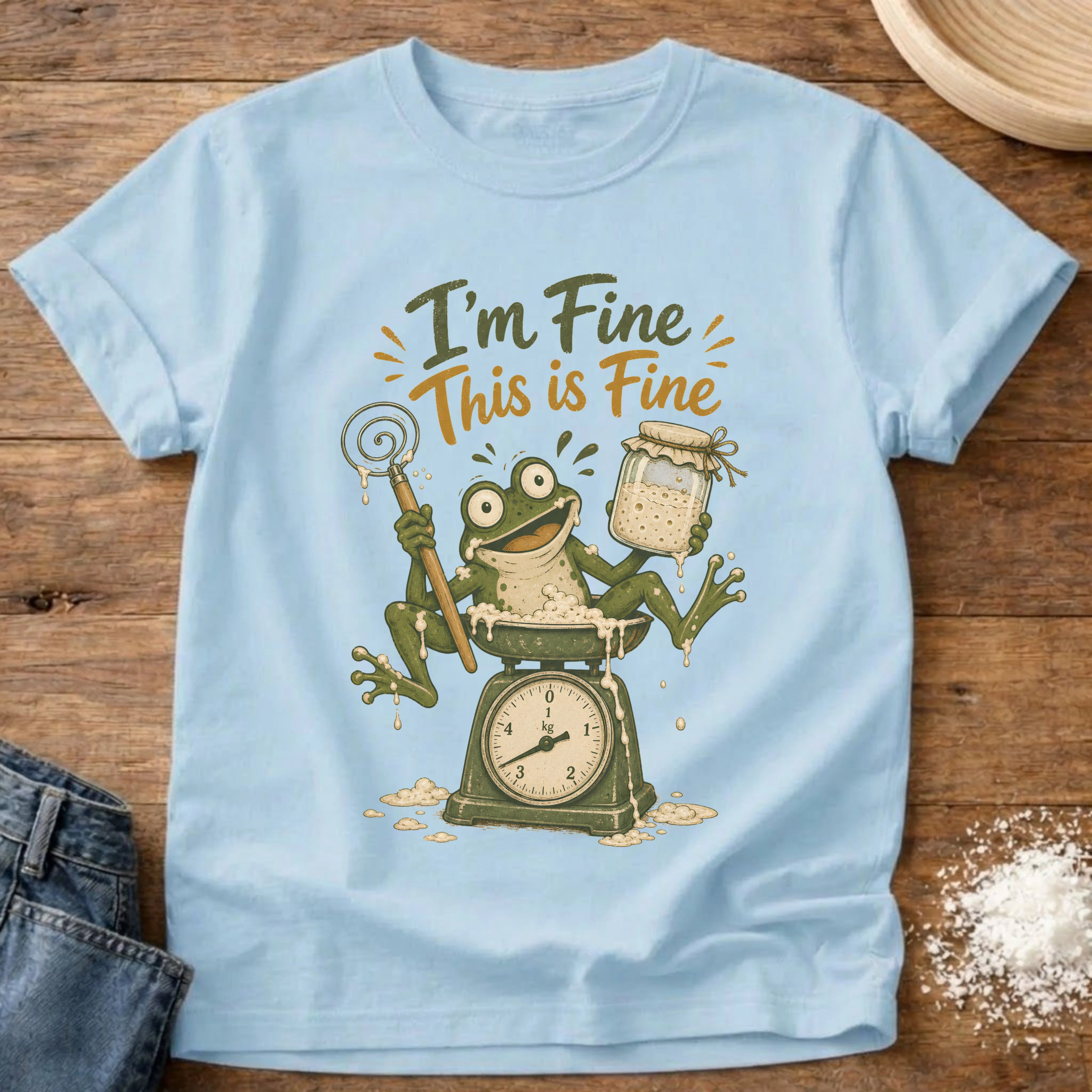 Knead More Fun I'm Fine Frog sourdough t-shirt in Chambray