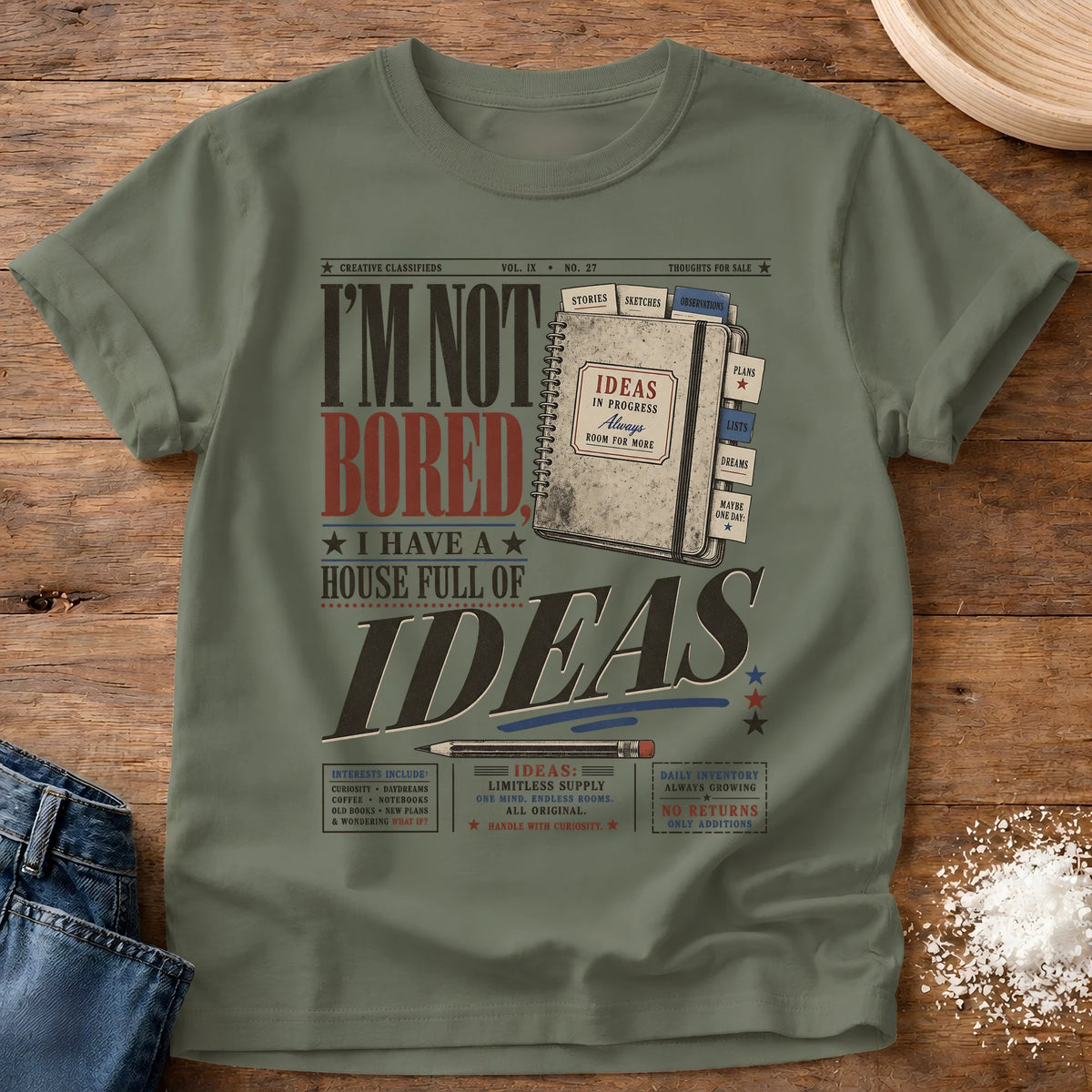Knead More Fun Ideas In Progress homebody t-shirt in Moss