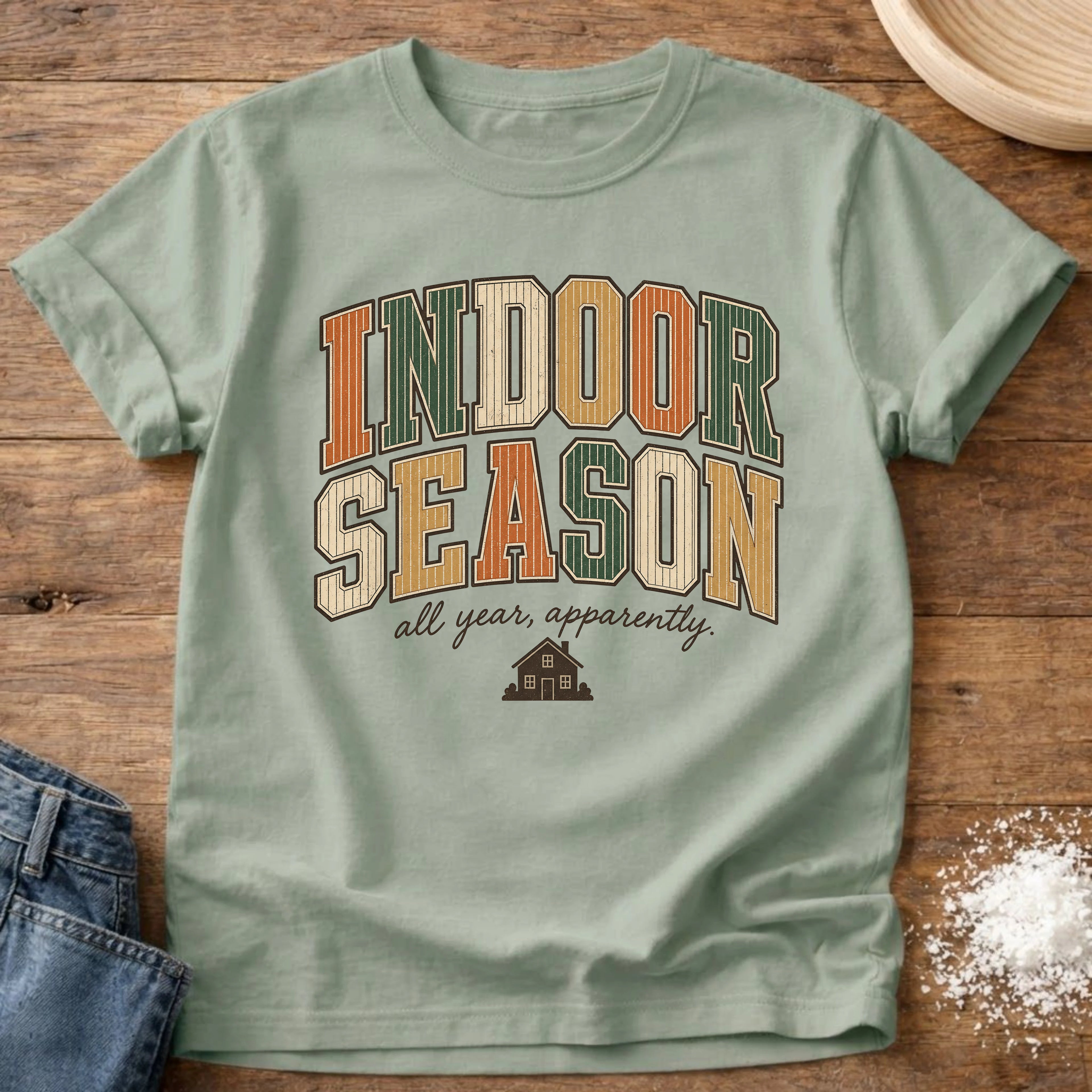 Knead More Fun Indoor Season retro homebody t-shirt in Bay