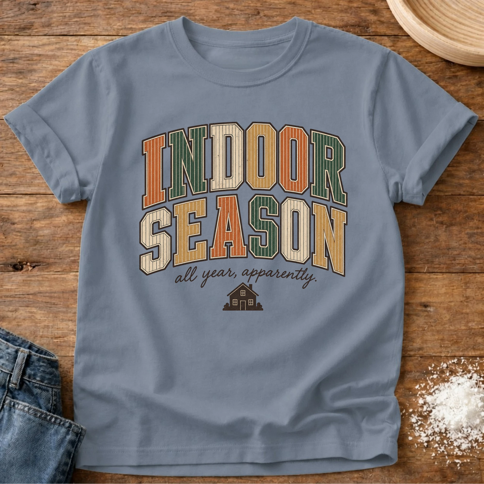 Knead More Fun Indoor Season retro homebody t-shirt in Blue Jean