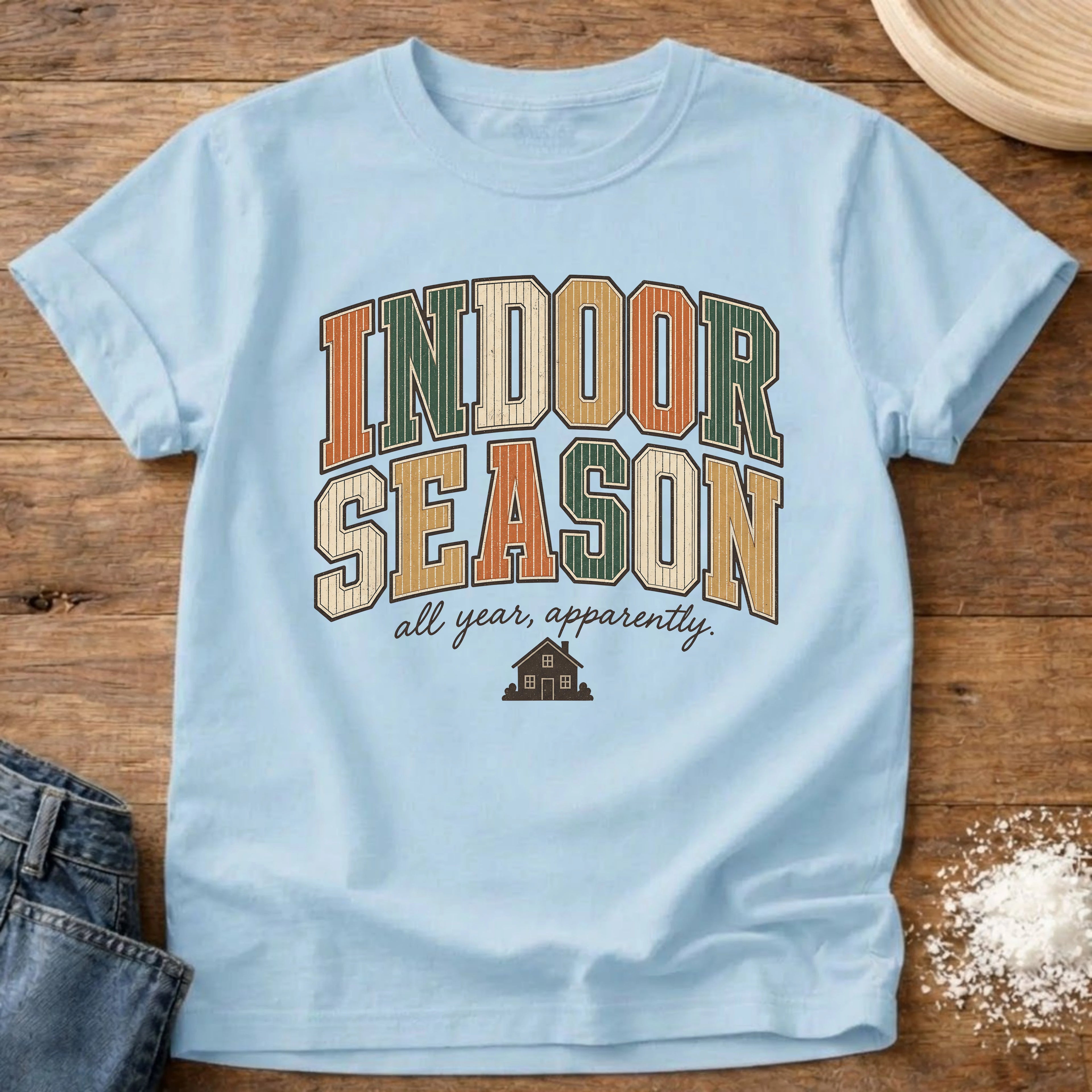 Knead More Fun Indoor Season retro homebody t-shirt in Chambray