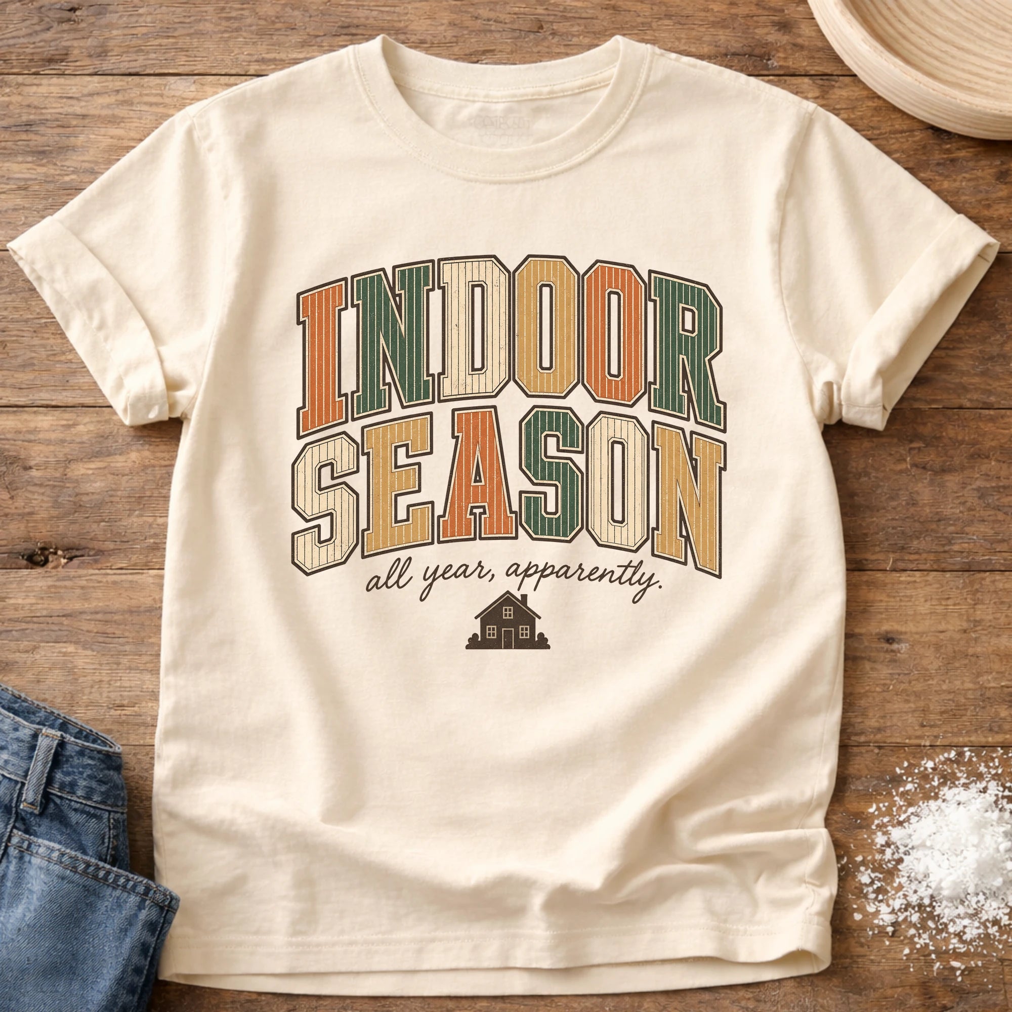 Knead More Fun Indoor Season retro homebody t-shirt in Ivory