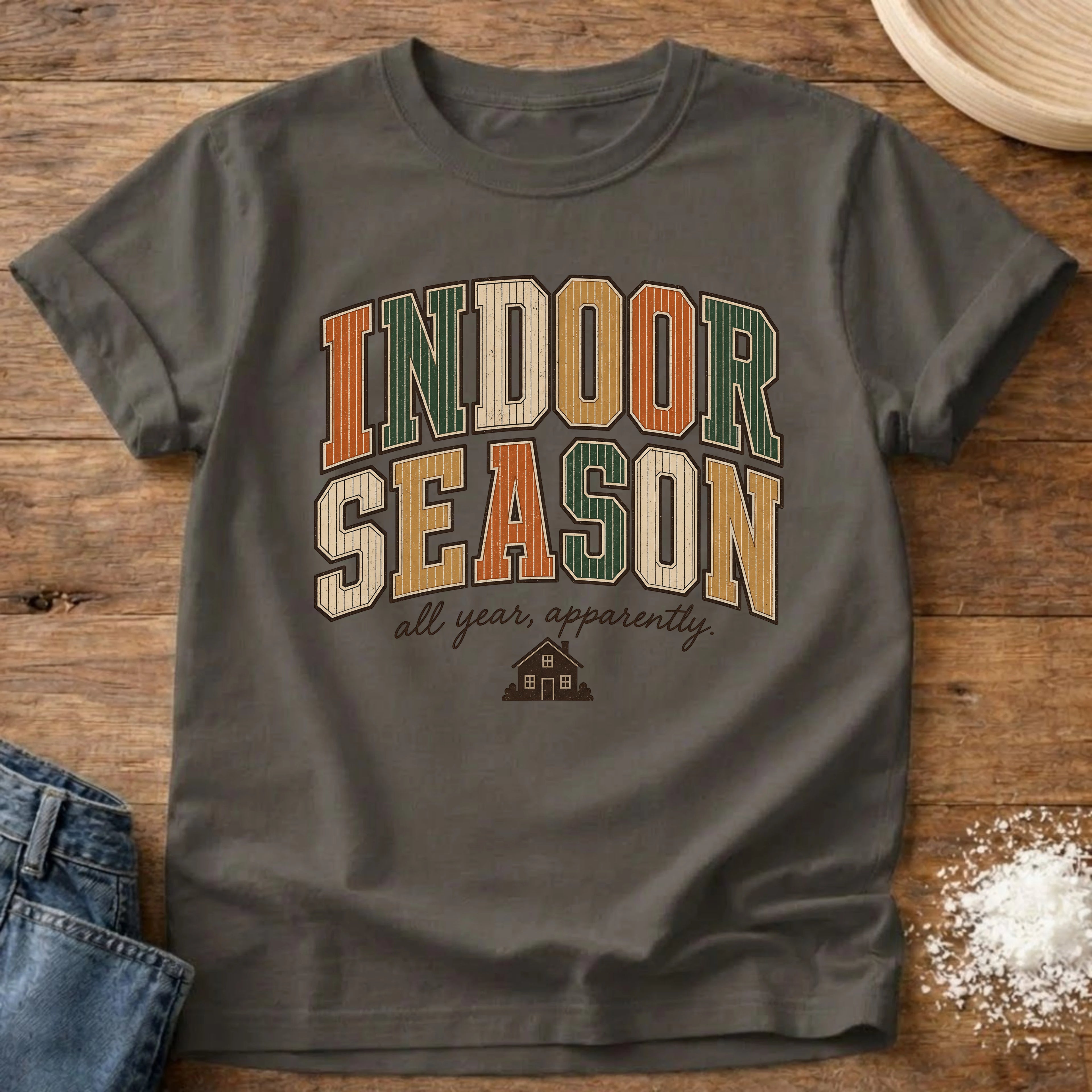 Knead More Fun Indoor Season retro homebody t-shirt in Pepper