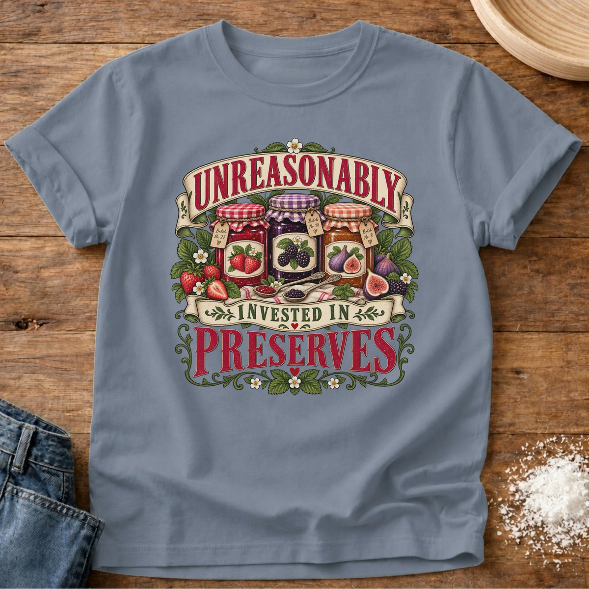 Knead More Fun Invested In Preserves graphic t-shirt in Blue Jean
