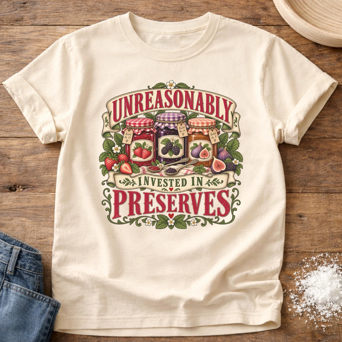 Knead More Fun Invested In Preserves graphic t-shirt in Ivory
