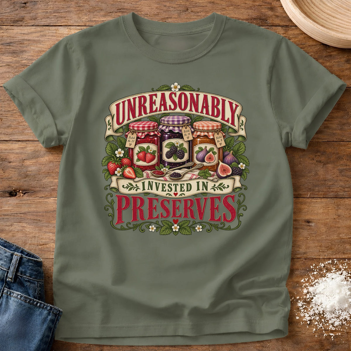 Knead More Fun Invested In Preserves graphic t-shirt in Moss