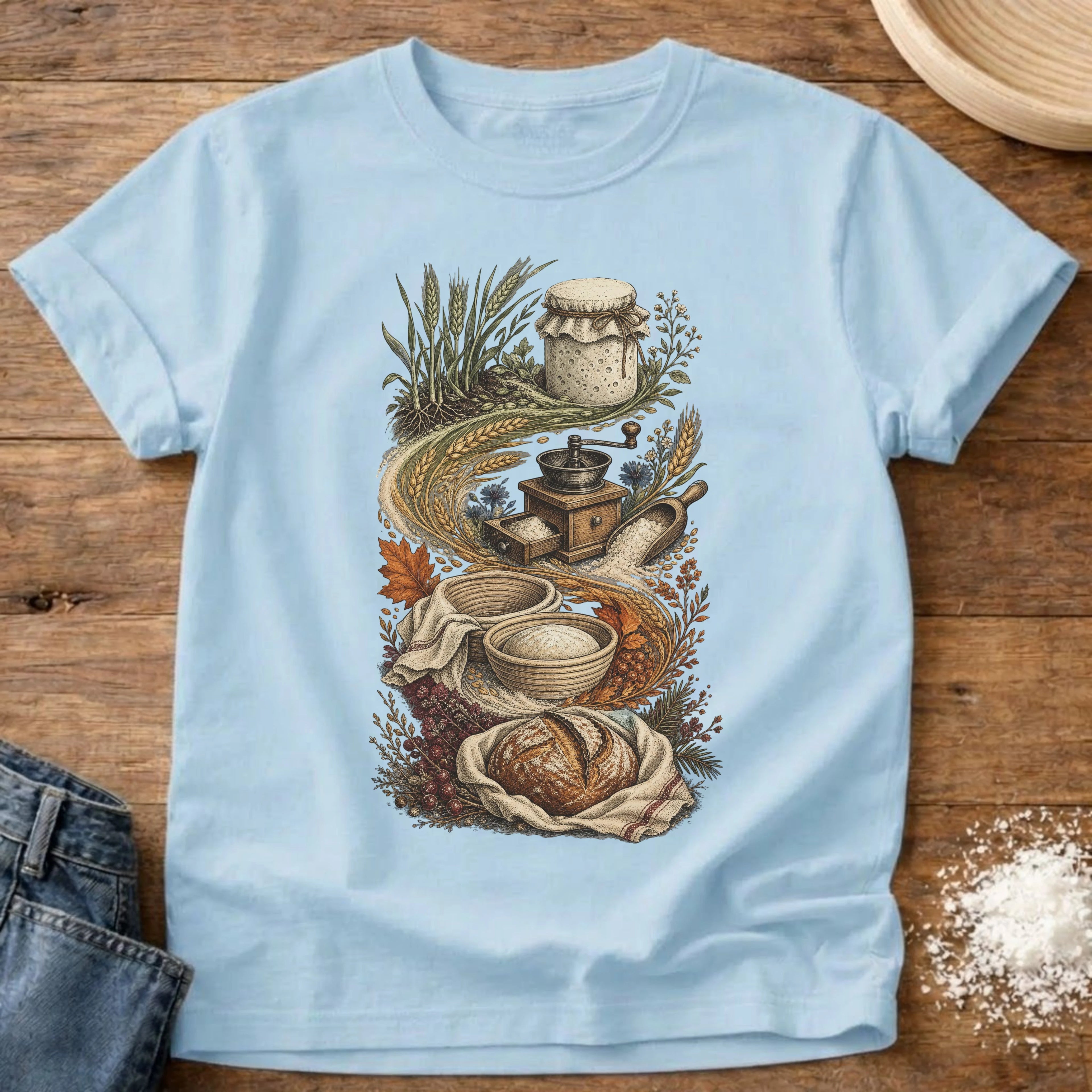 Knead More Fun It's a Process vintage sourdough t-shirt in Chambray