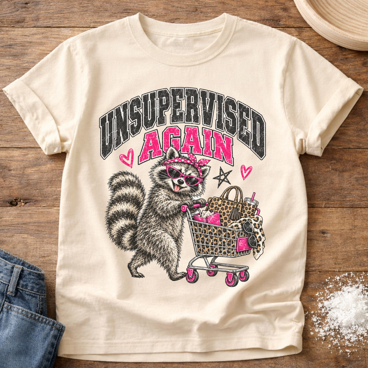 Knead More Fun Unsupervised Thrifting Raccoon t-shirt in Ivory