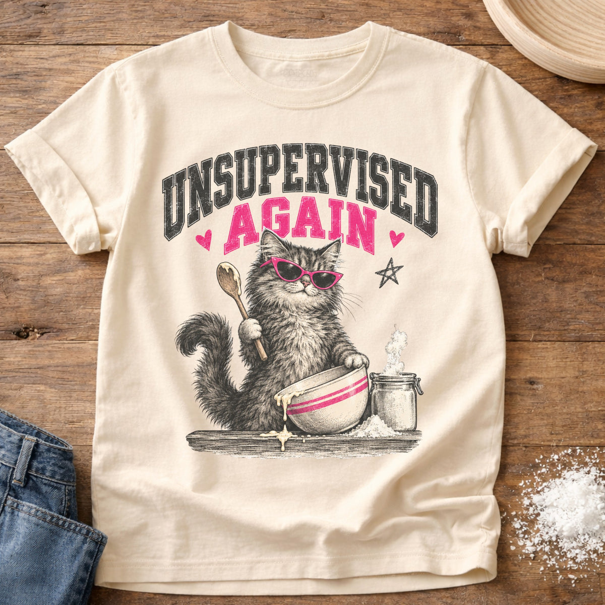 Knead More Fun Unsupervised Baking Cat t-shirt in Ivory