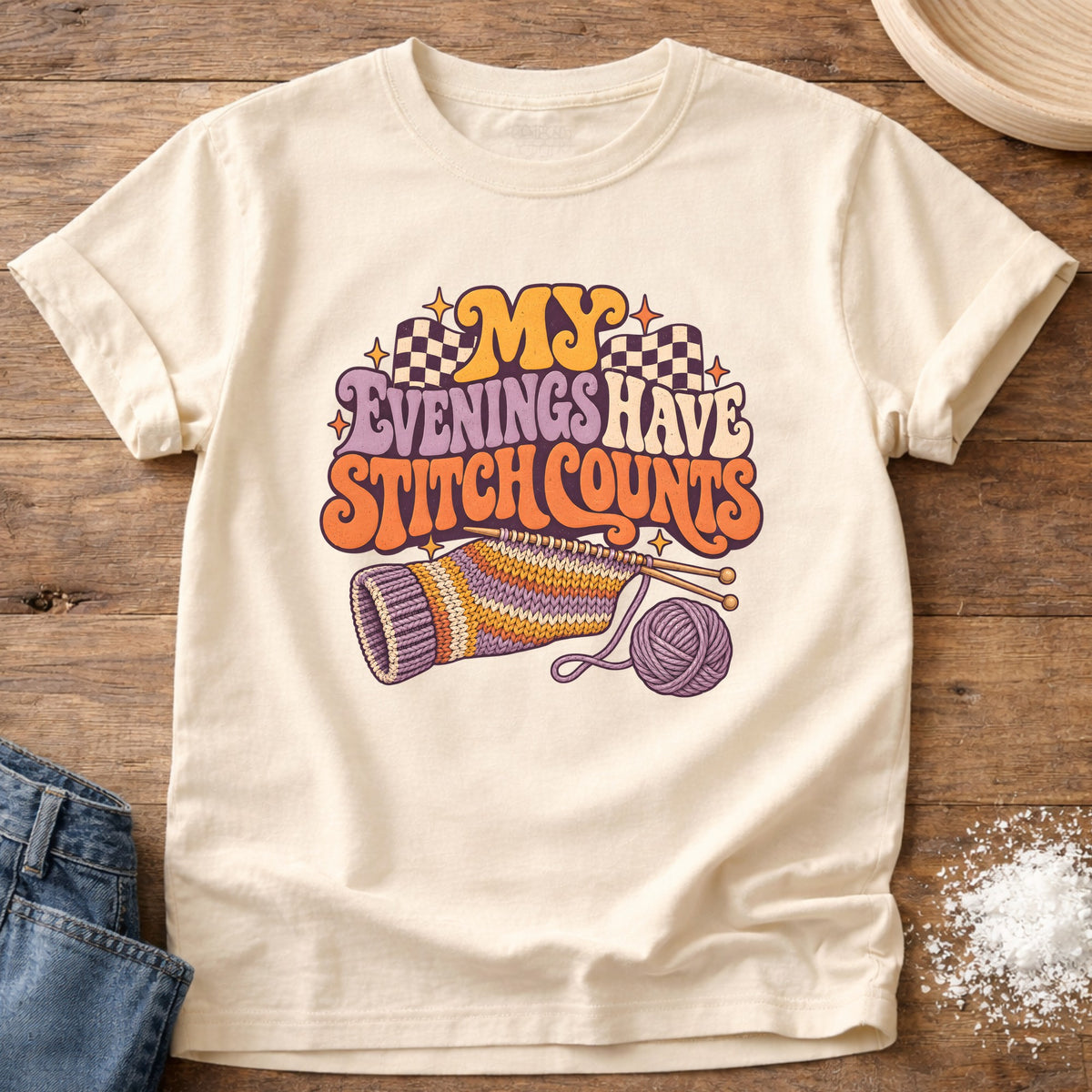 Knead More Fun Stitch Count Evenings graphic t-shirt in Ivory