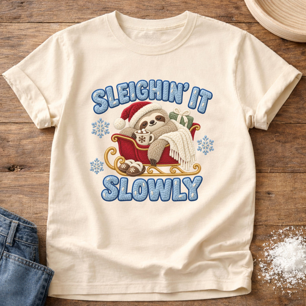 Knead More Fun Sleighin It Sloth graphic t-shirt in Ivory