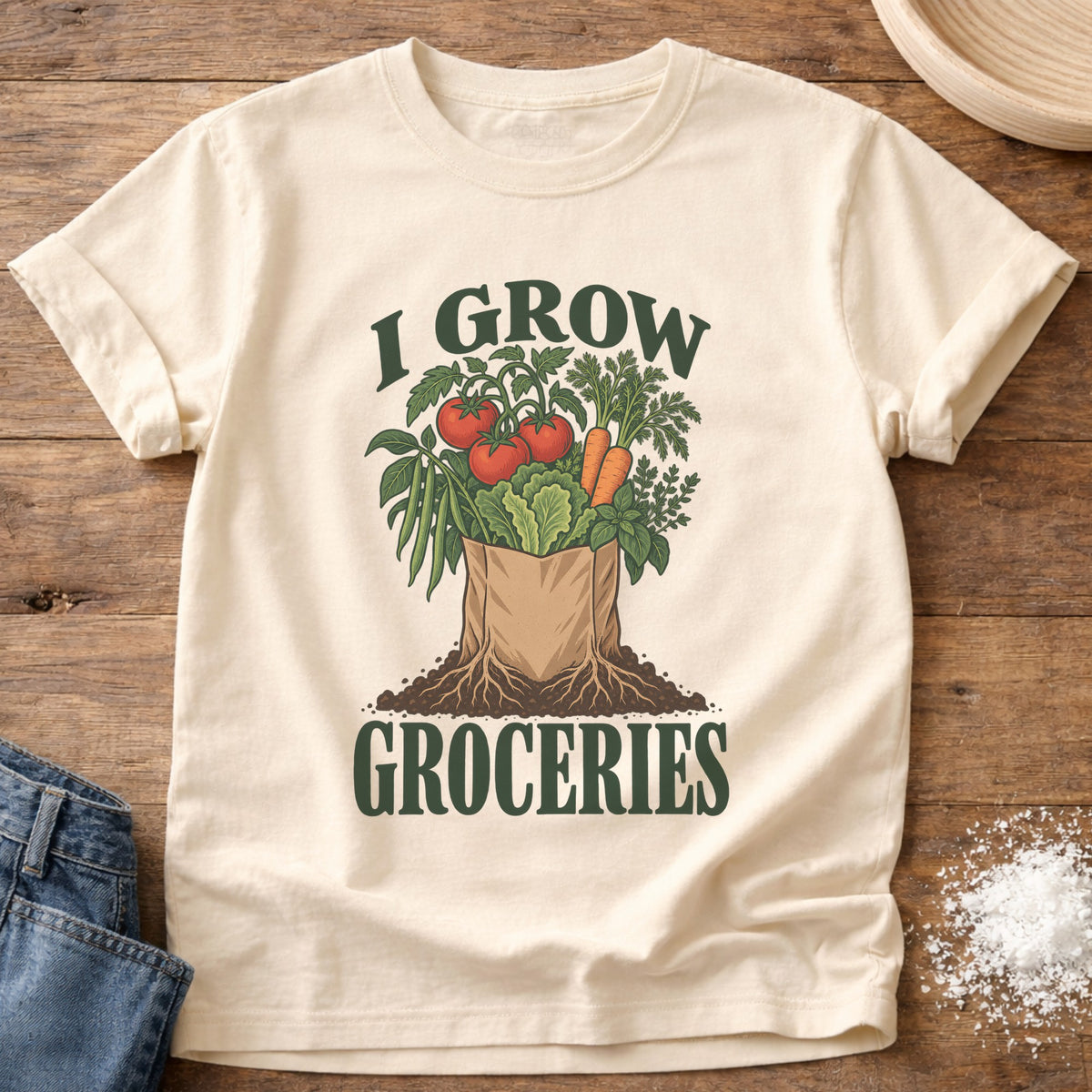 Knead More Fun I Grow Groceries graphic t-shirt in Ivory