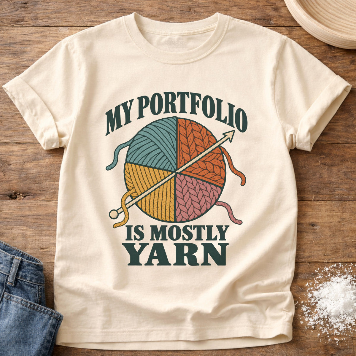 Knead More Fun Yarn Portfolio graphic t-shirt in Ivory