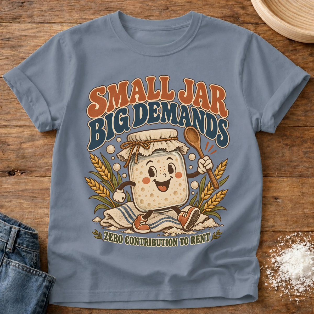 Knead More Fun Jar Goals sourdough starter t-shirt in Blue Jean