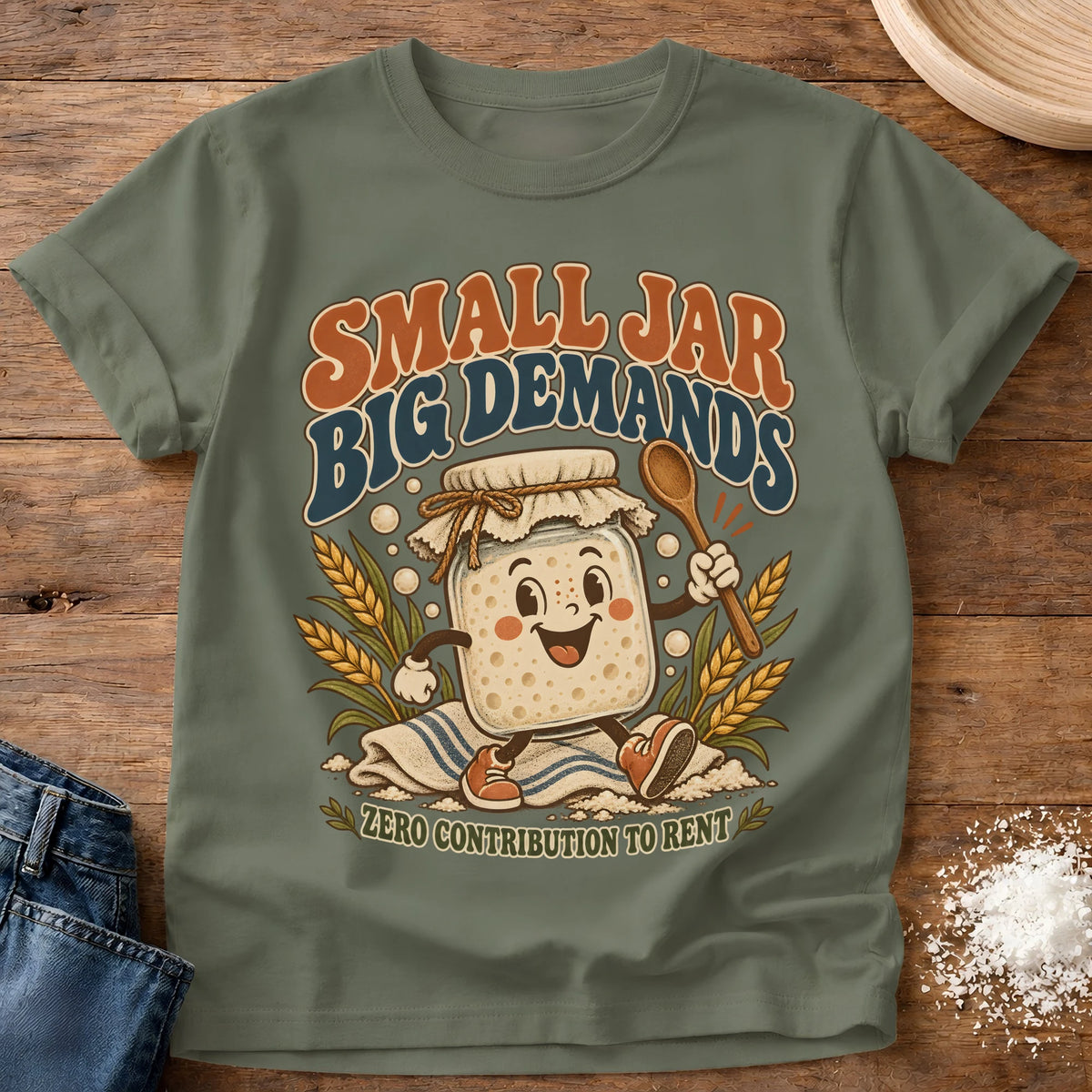 Knead More Fun Jar Goals sourdough starter t-shirt in Moss