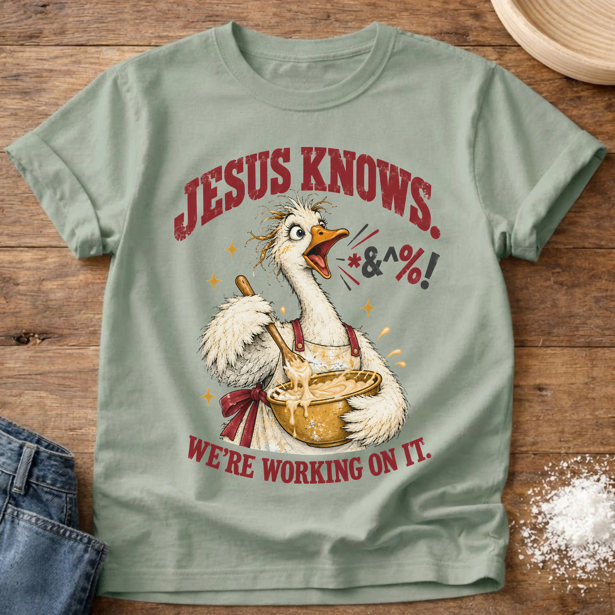 Knead More Fun Jesus Knows goose baking t-shirt in Bay
