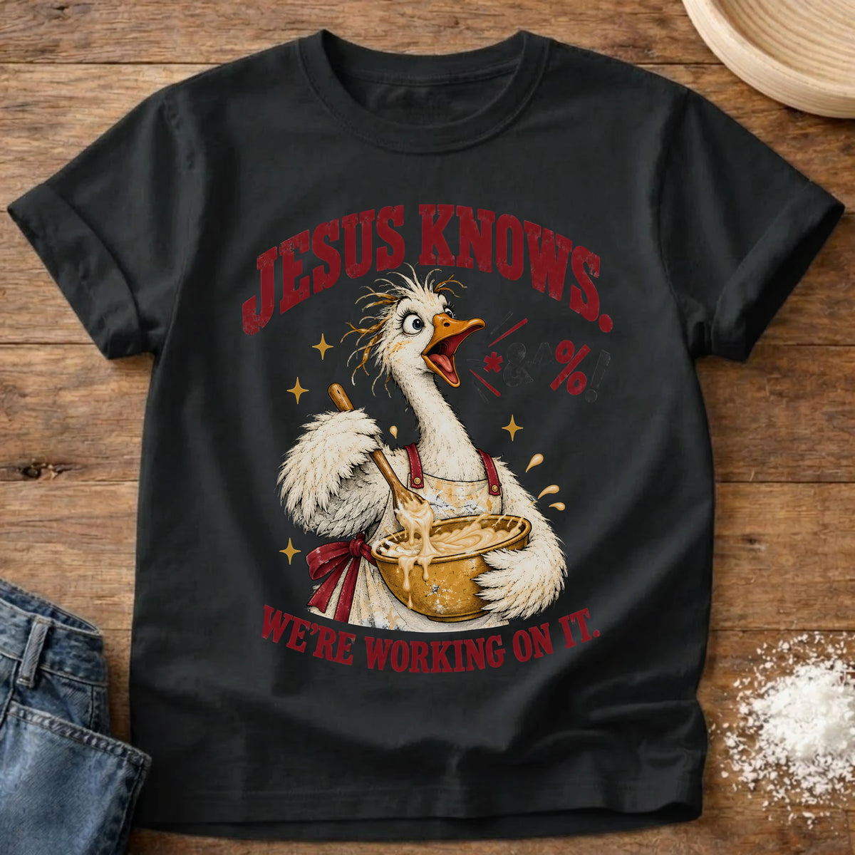 Knead More Fun Jesus Knows goose baking t-shirt in Black