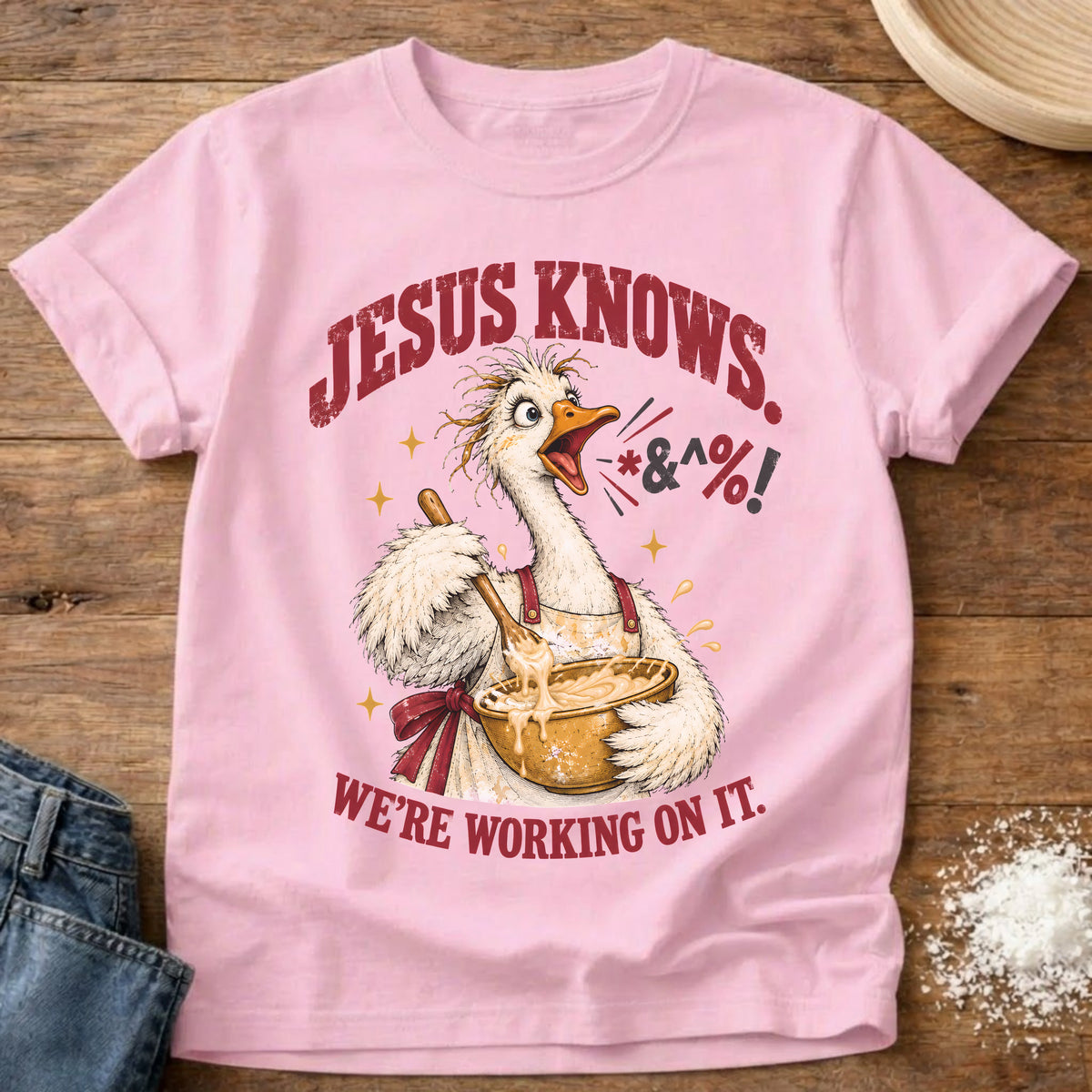 Knead More Fun Jesus Knows goose baking t-shirt in Blossom