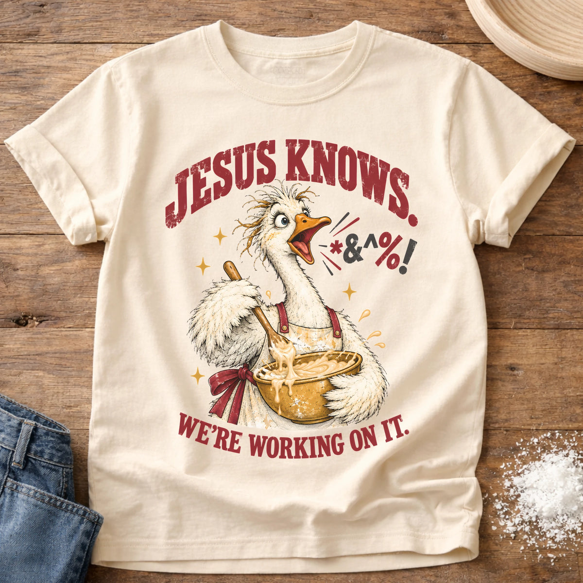 Knead More Fun Jesus Knows goose baking t-shirt in Ivory