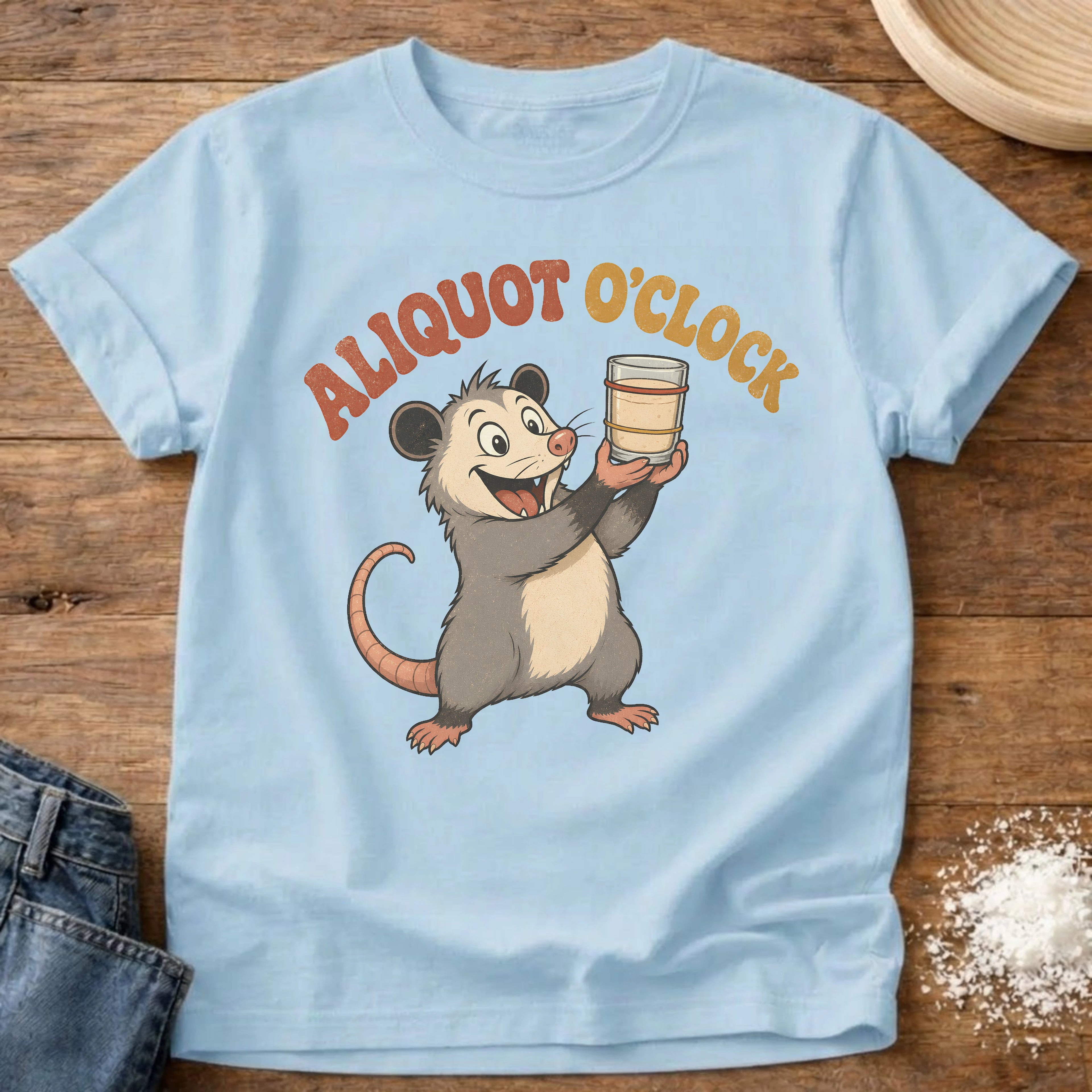 Knead More Fun Aliquot O'Clock Possum sourdough t-shirt in Chambray