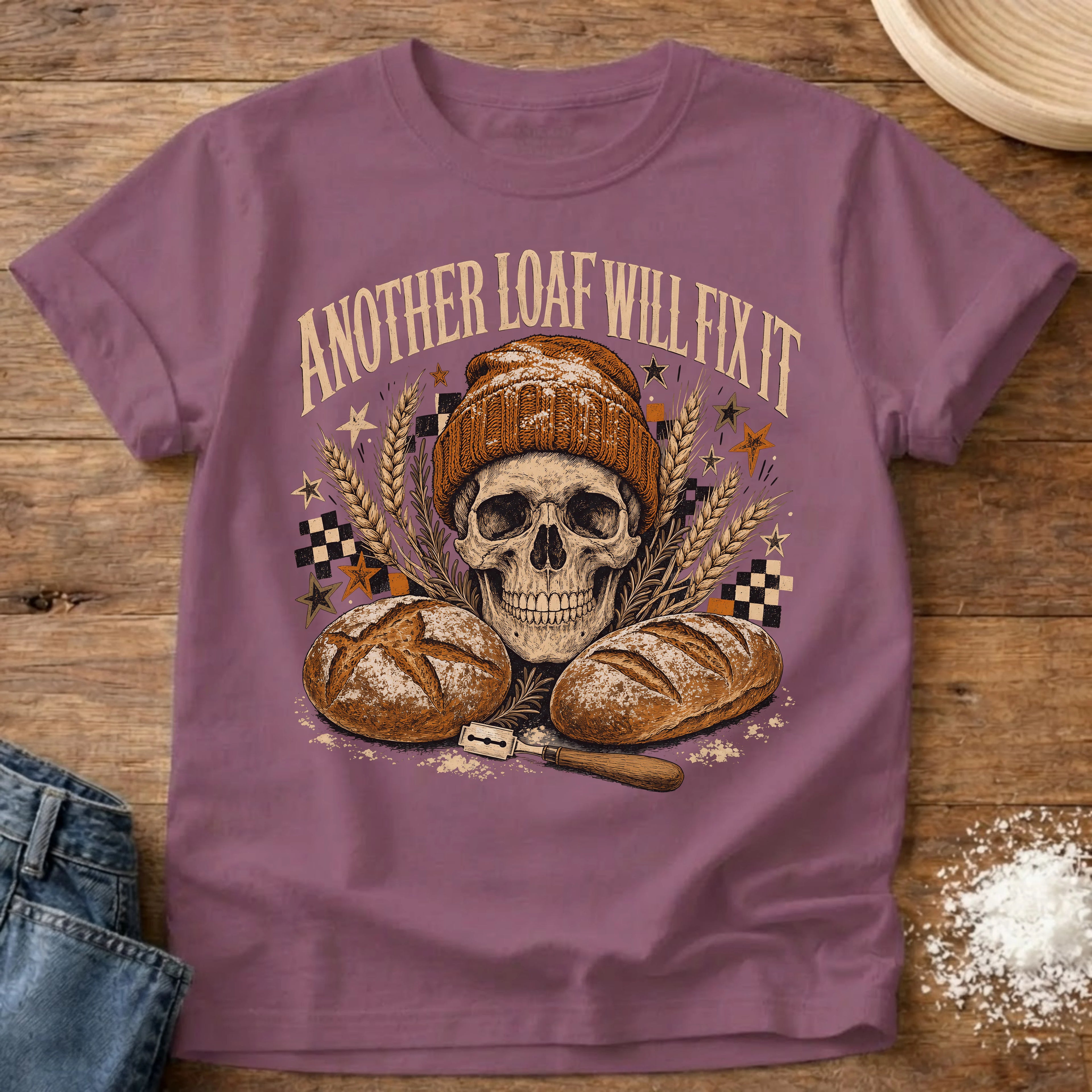Knead More Fun Another Loaf Skull sourdough t-shirt in Berry
