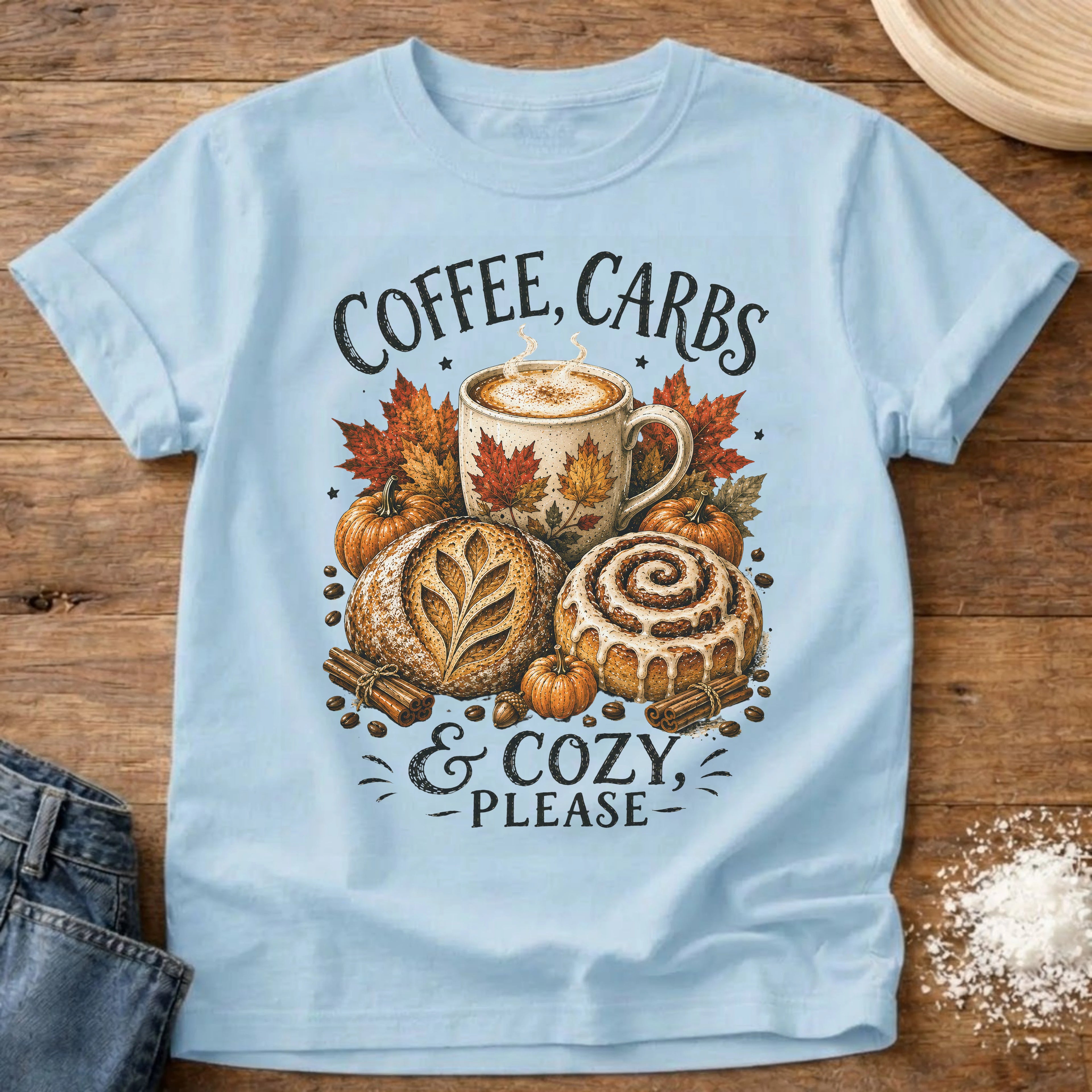 Knead More Fun Coffee, Carbs & Cozy sourdough t-shirt in Chambray