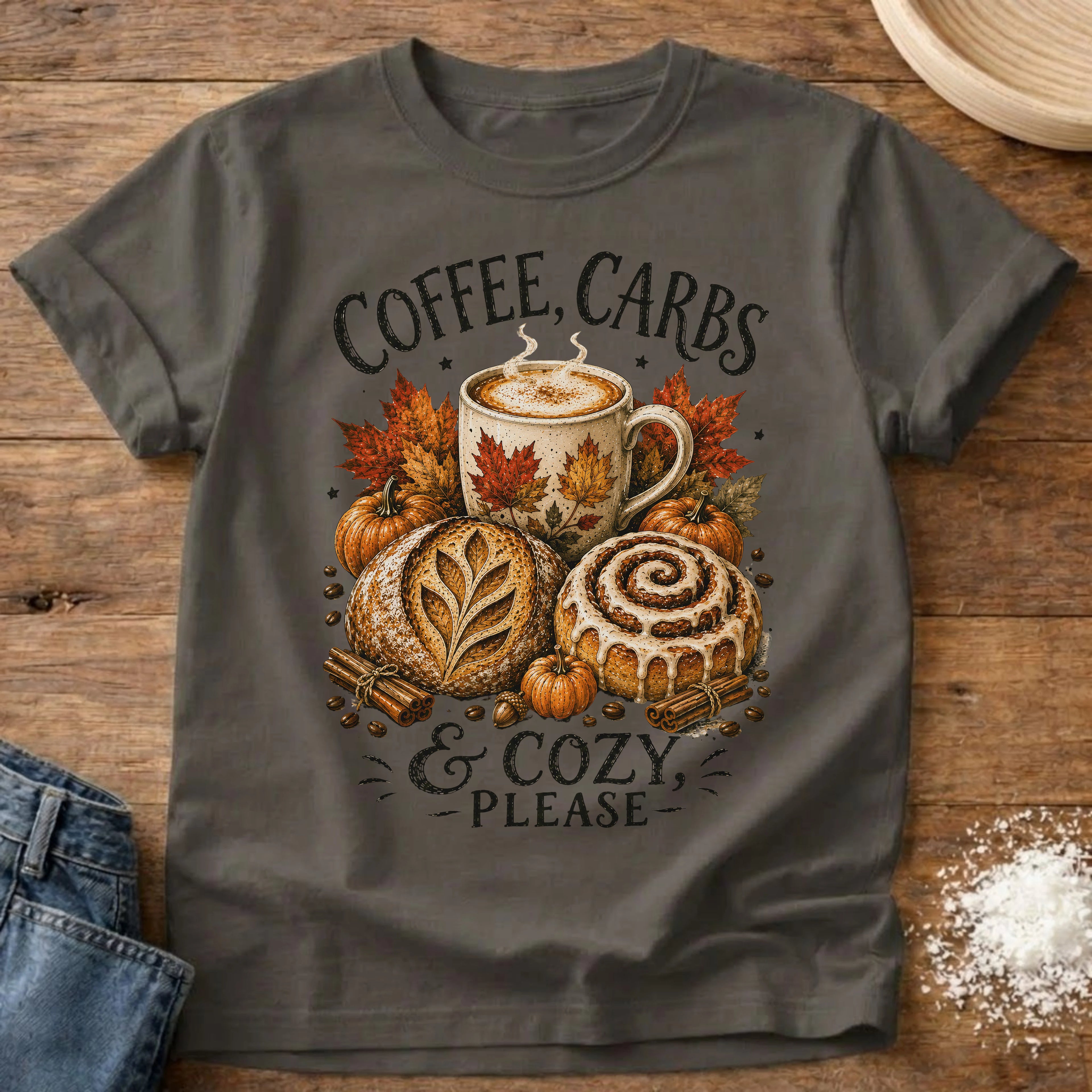 Knead More Fun Coffee, Carbs & Cozy sourdough t-shirt in Pepper