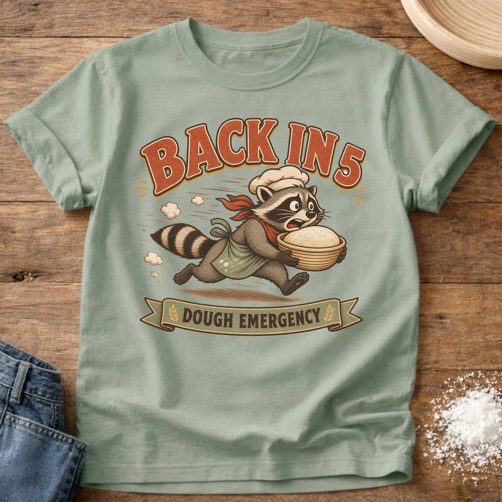 Knead More Fun Dough Emergency Raccoon sourdough t-shirt in Bay
