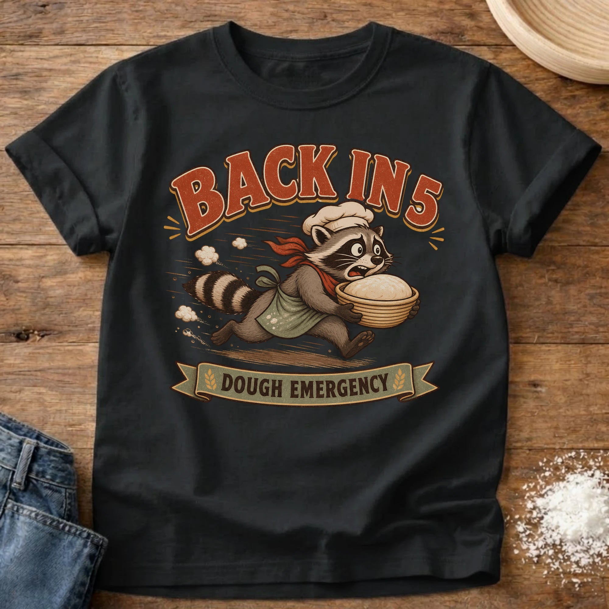 Knead More Fun Dough Emergency Raccoon sourdough t-shirt in Black