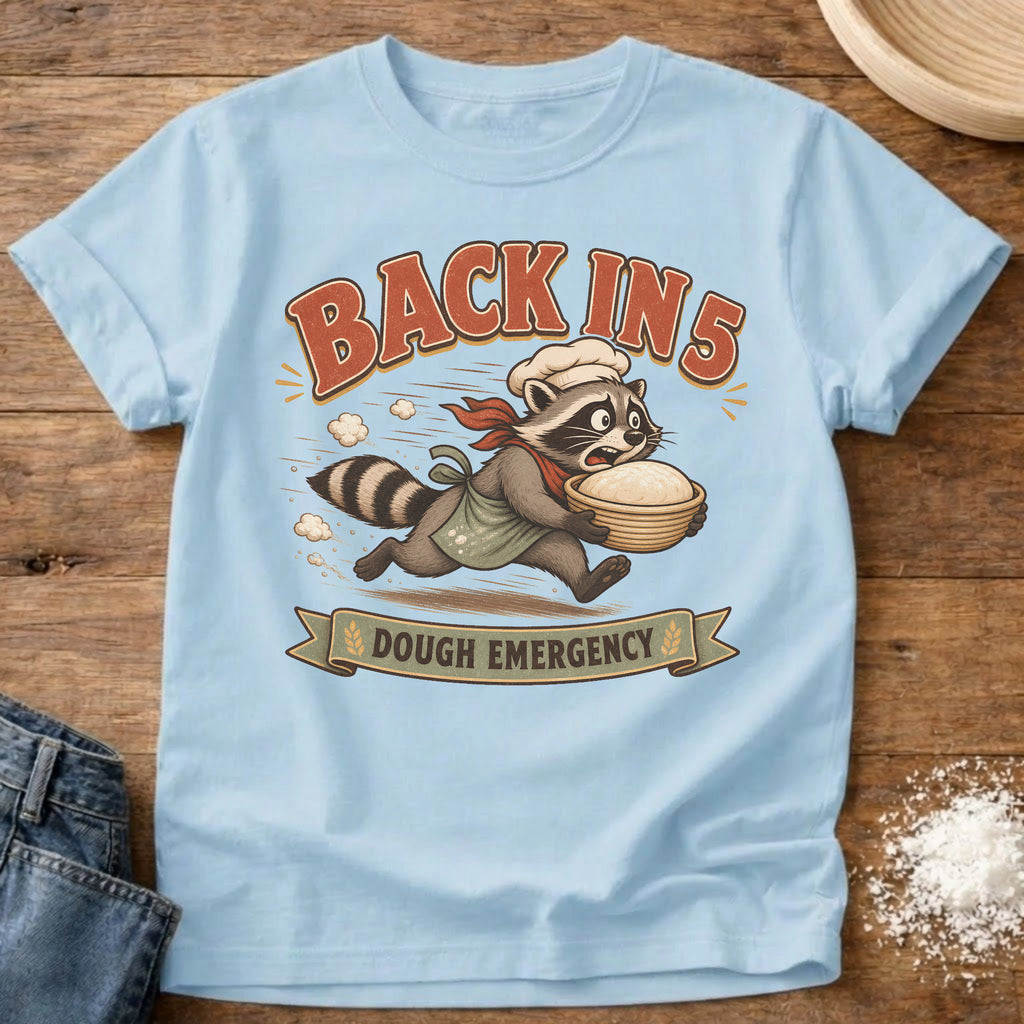 Knead More Fun Dough Emergency Raccoon sourdough t-shirt in Chambray