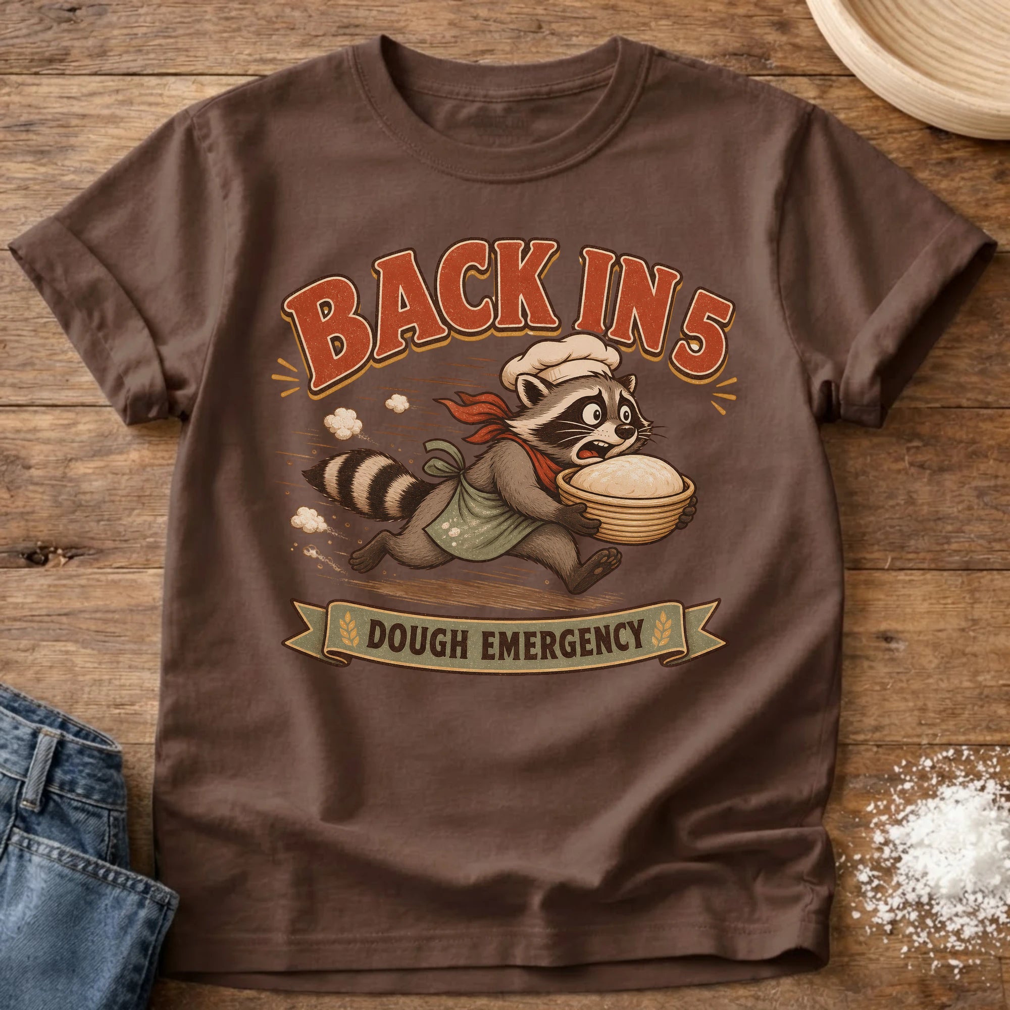 Knead More Fun Dough Emergency Raccoon sourdough t-shirt in Espresso