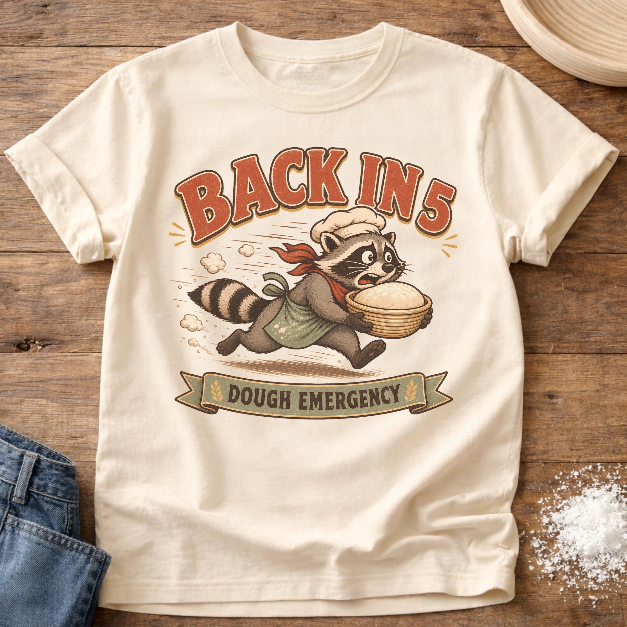 Knead More Fun Dough Emergency Raccoon sourdough t-shirt in Ivory