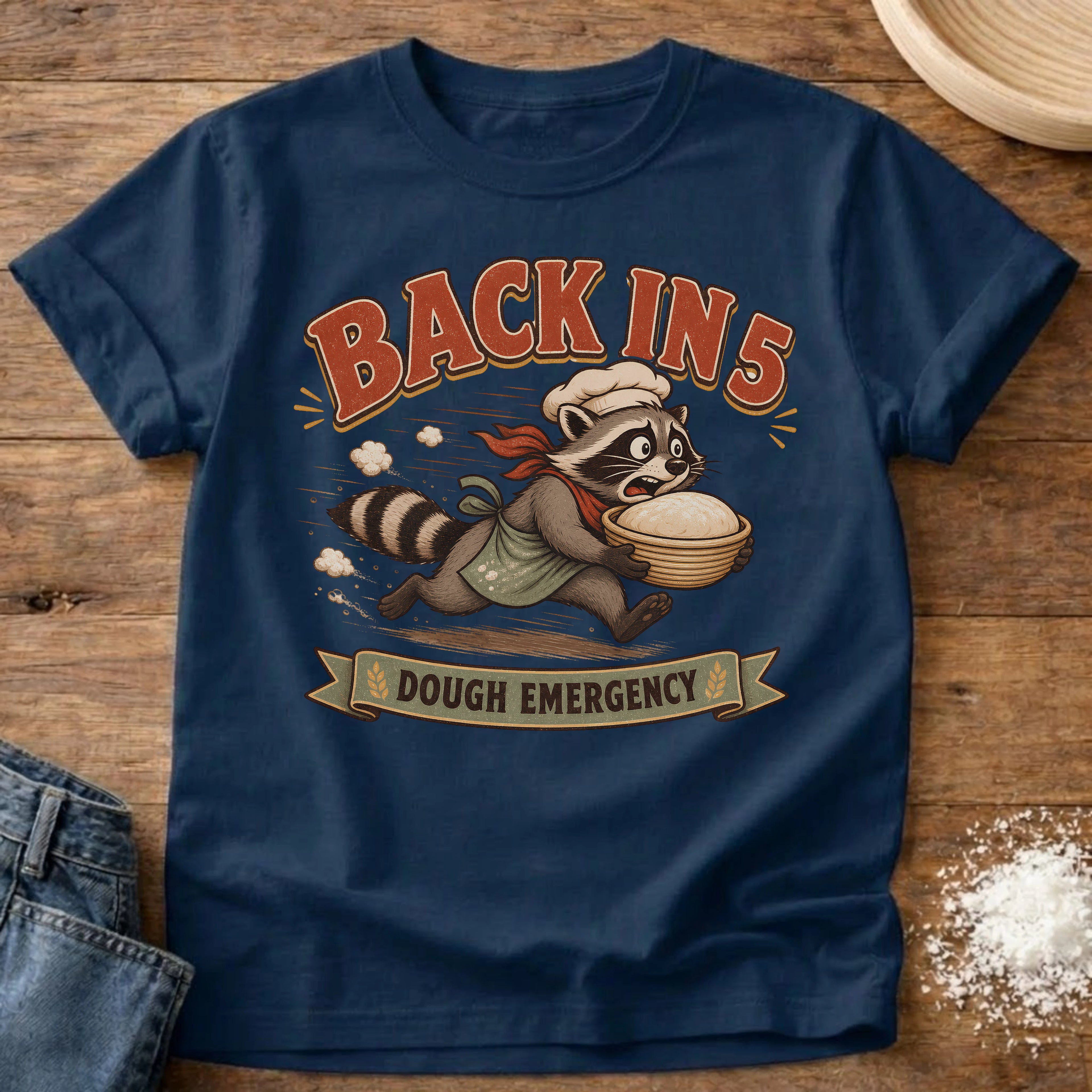 Knead More Fun Dough Emergency Raccoon sourdough t-shirt in Navy