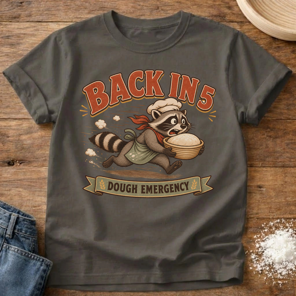Knead More Fun Dough Emergency Raccoon sourdough t-shirt in Pepper